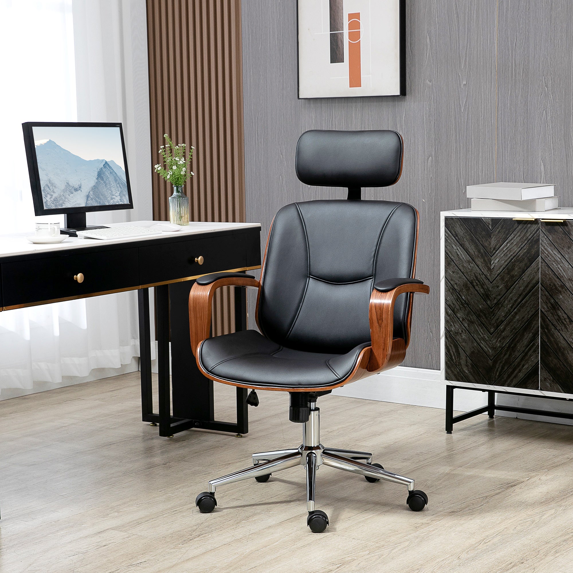 Fauteuil de bureau, chaise de bureau ergonomique avec appui-tête amovible, hauteur réglable et fonction de bascule, pour chambre, télétravail, charge 120 Kg, cuir synthétique, noir et noyer