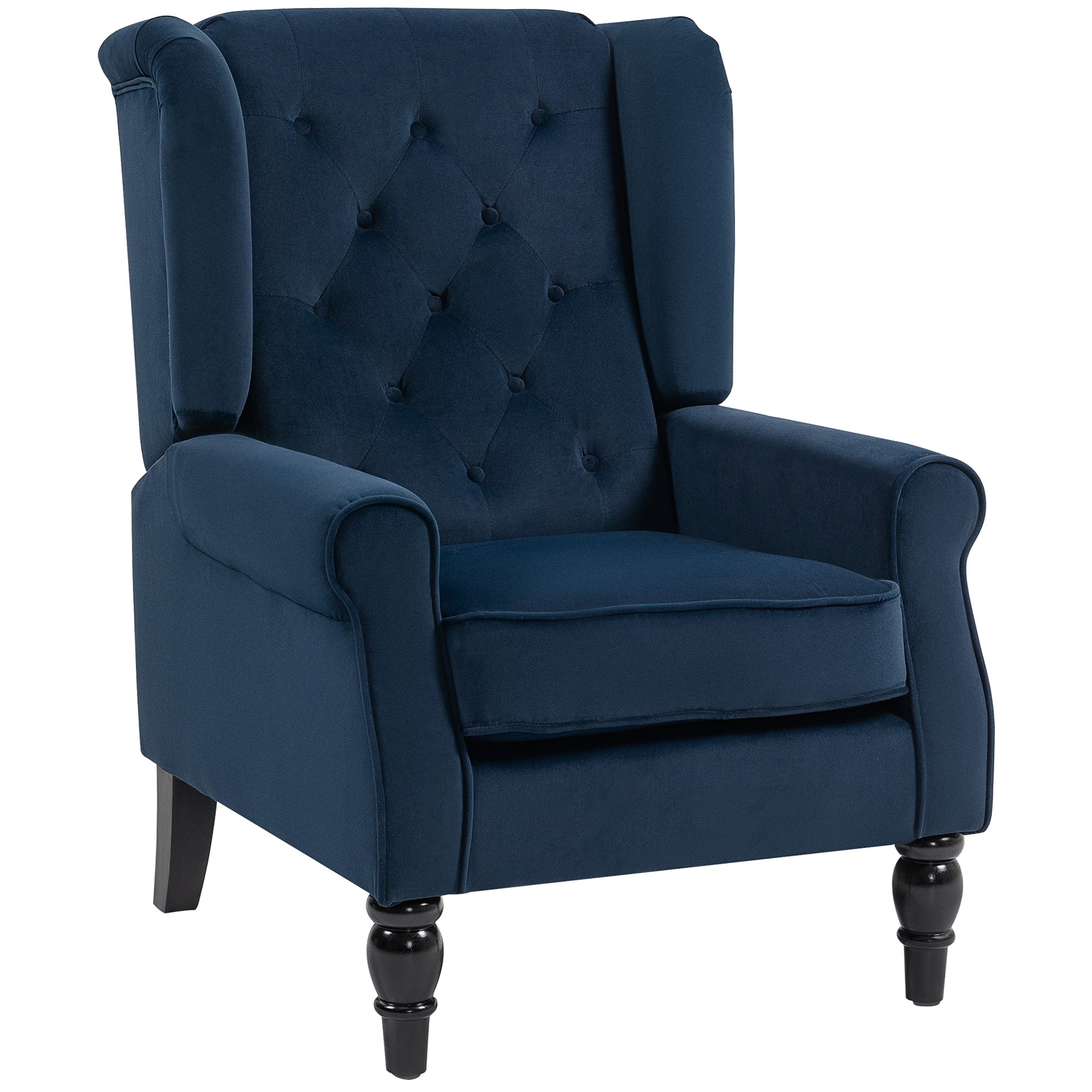 Fauteuil de Salon, Fauteuil Capitonné avec Pieds en Bois, Assise Large, Grand Confort, Style Classique, 74 x 86 x 102 cm, bleu foncé
