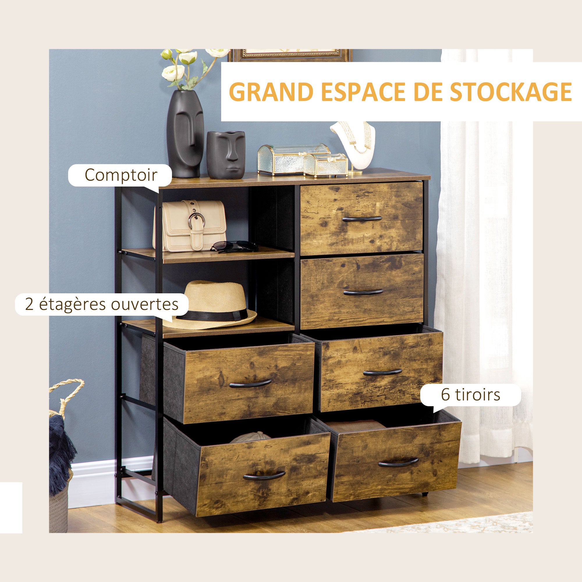 Meuble de rangement, commode, buffet de rangement style industriel 6 tiroirs pliables 2 étagères acier et bois - 84 x 30 x 92 cm