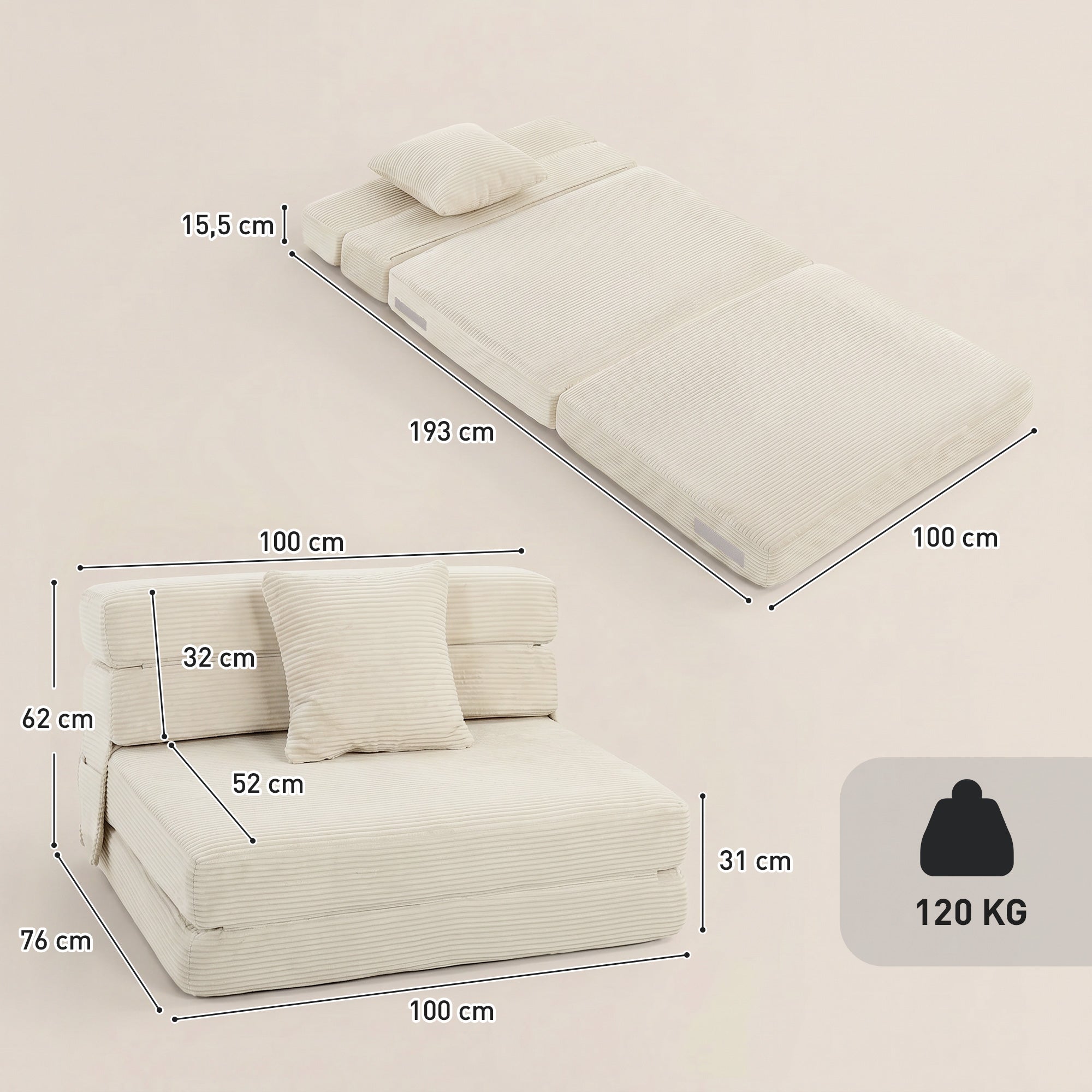 Canapé-Lit Pliant 2 en 1, Chauffeuse 1 Place Convertible Velours Côtelé, Matelas Pliable, Coussin Épais Dossier Oreiller Poches Latérales, Entièrement Compressé Aucun Assemblage Requis, Crème