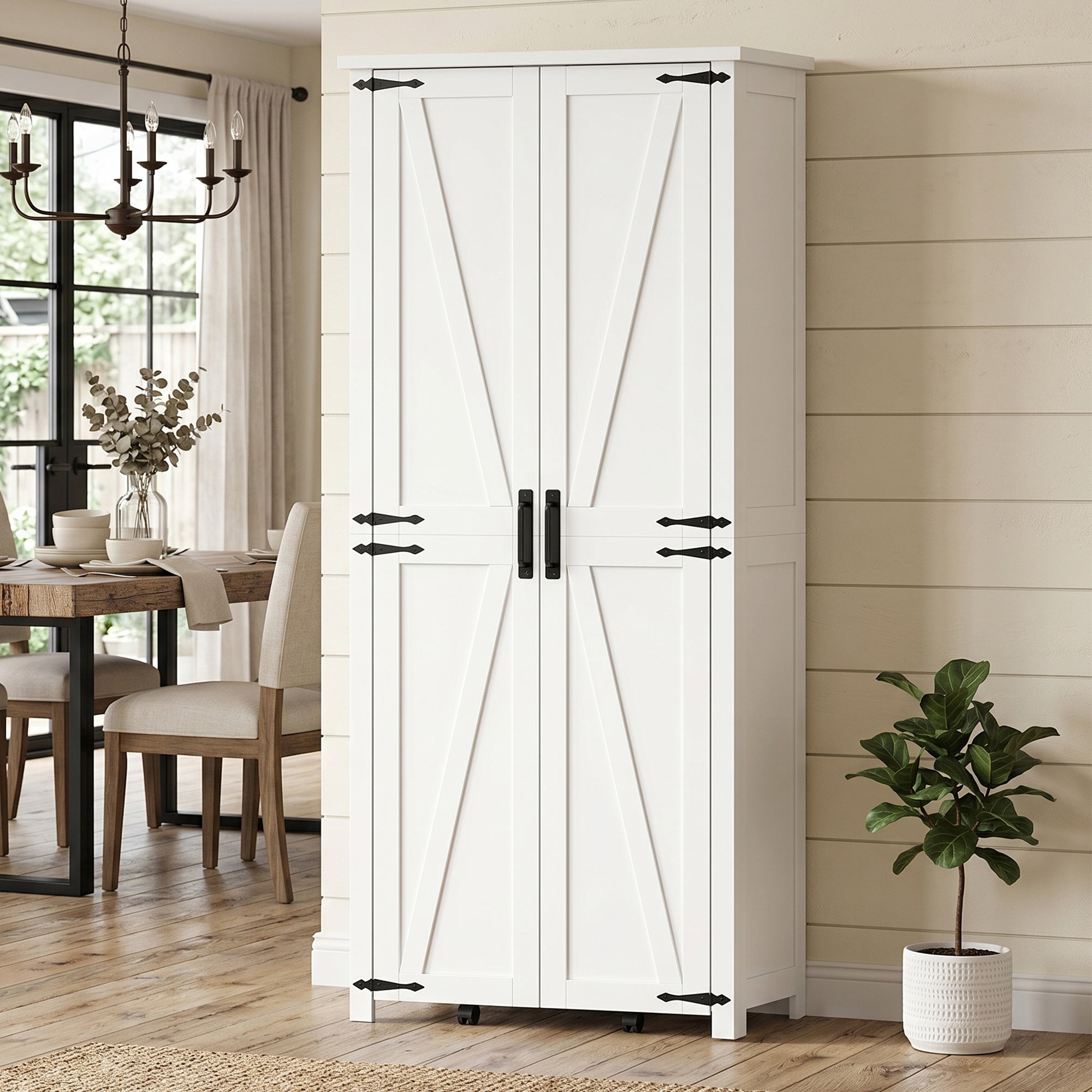 Buffet haut cuisine, armoire cuisine, vaisselier, 2 portes avec roulettes, 6 compartiments, 14 porte-racks et étagères réglables, style rustique, pour salle à manger, salon, 80x40x180cm, blanc