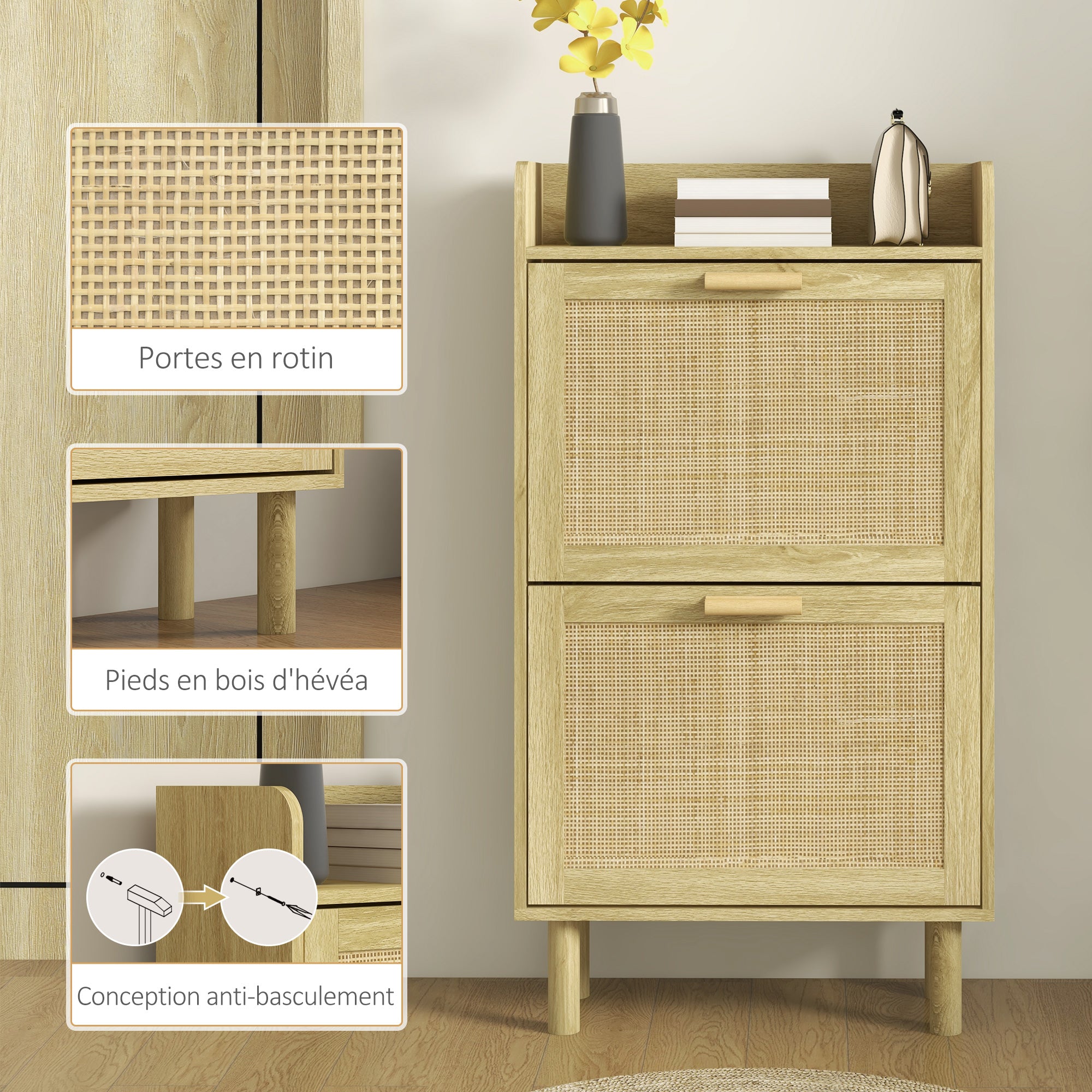 Meuble à chaussures étagère à chaussures armoire 2 portes abattants 12 paires, effet rotin tissé design bohème - dim. 80L x 24,5l x 110H cm naturel