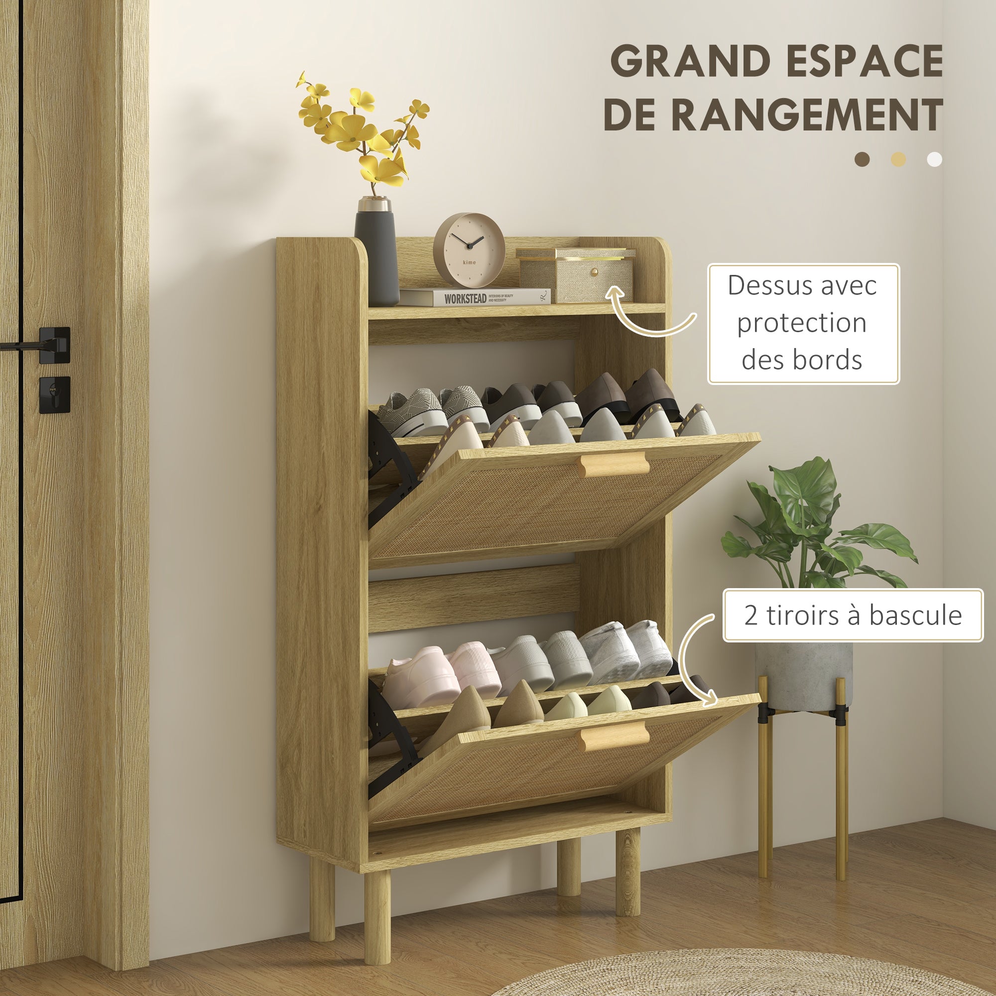 Meuble à chaussures étagère à chaussures armoire 2 portes abattants 12 paires, effet rotin tissé design bohème - dim. 80L x 24,5l x 110H cm naturel