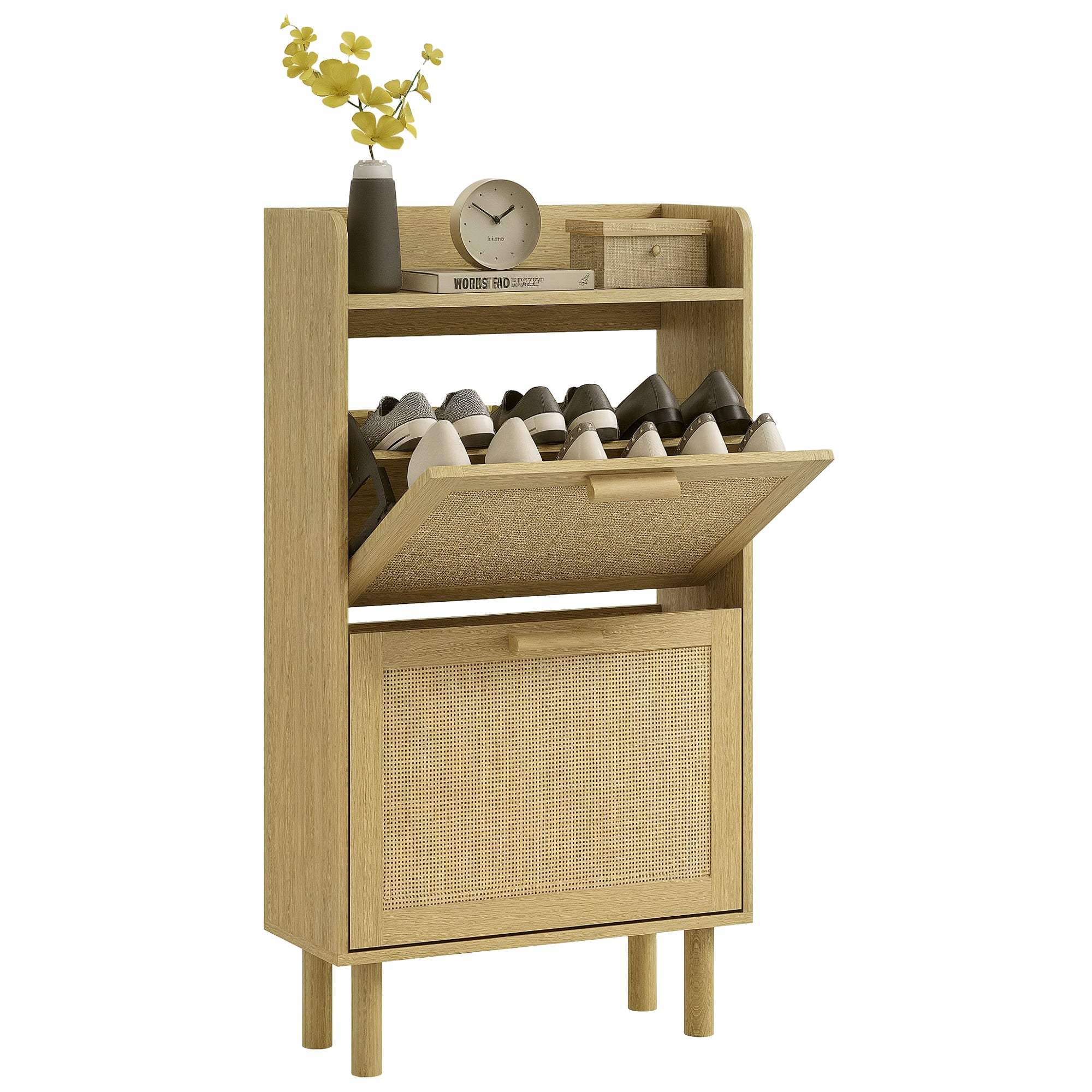 Meuble à chaussures étagère à chaussures armoire 2 portes abattants 12 paires, effet rotin tissé design bohème - dim. 80L x 24,5l x 110H cm naturel