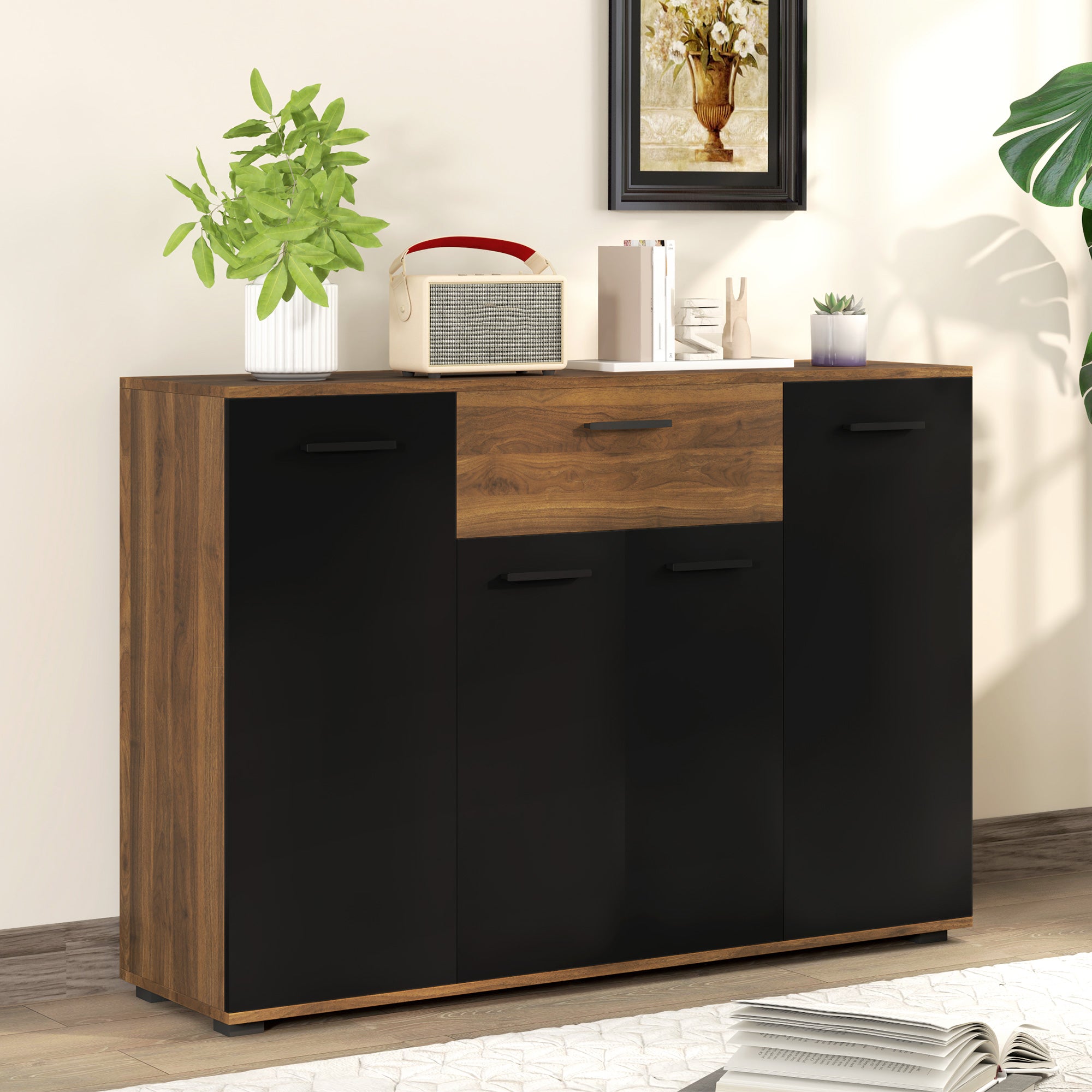 Buffet salon meuble de rangement avec 4 placards, tiroirs et étagères réglables, dim. 120 x 35 x 85 cm, marron et noir