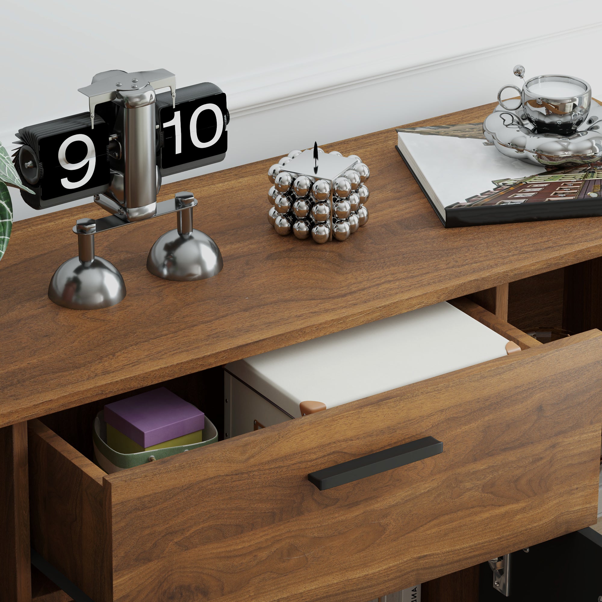 Buffet salon meuble de rangement avec 4 placards, tiroirs et étagères réglables, dim. 120 x 35 x 85 cm, marron et noir