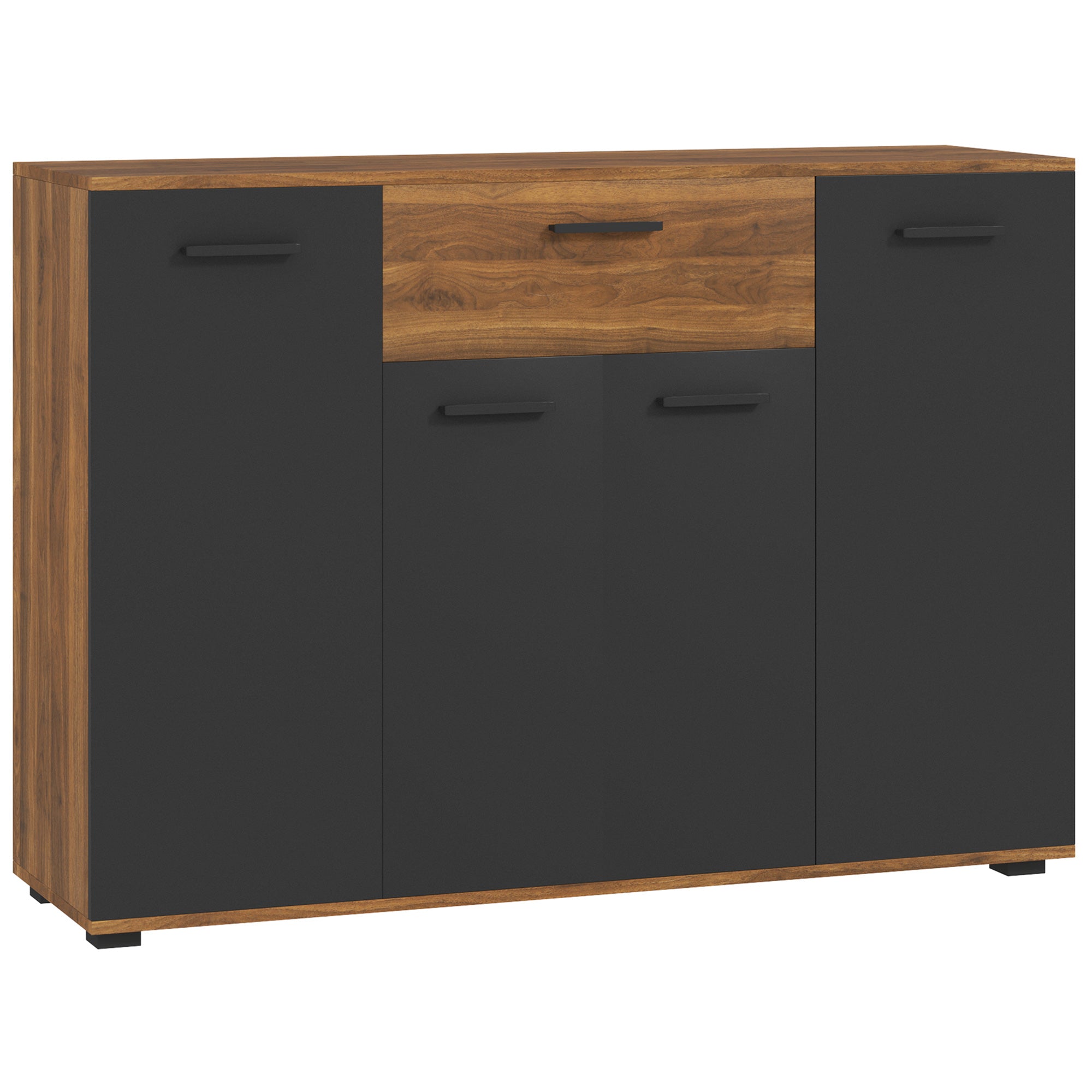 Buffet salon meuble de rangement avec 4 placards, tiroirs et étagères réglables, dim. 120 x 35 x 85 cm, marron et noir
