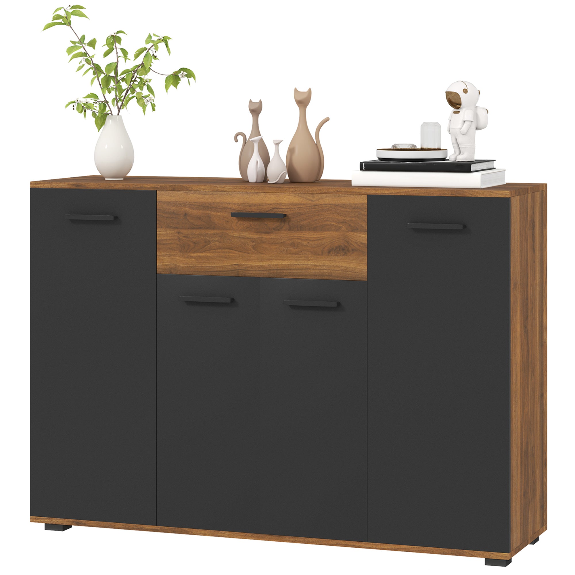 Buffet salon meuble de rangement avec 4 placards, tiroirs et étagères réglables, dim. 120 x 35 x 85 cm, marron et noir