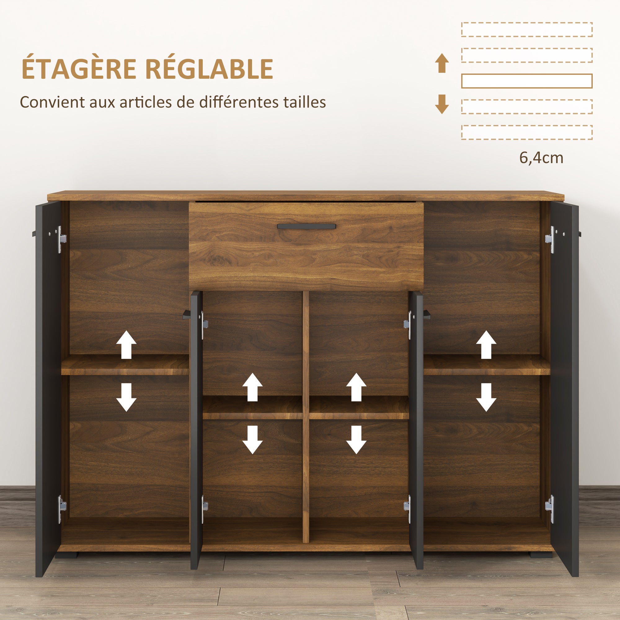 Buffet salon meuble de rangement avec 4 placards, tiroirs et étagères réglables, dim. 120 x 35 x 85 cm, marron et noir