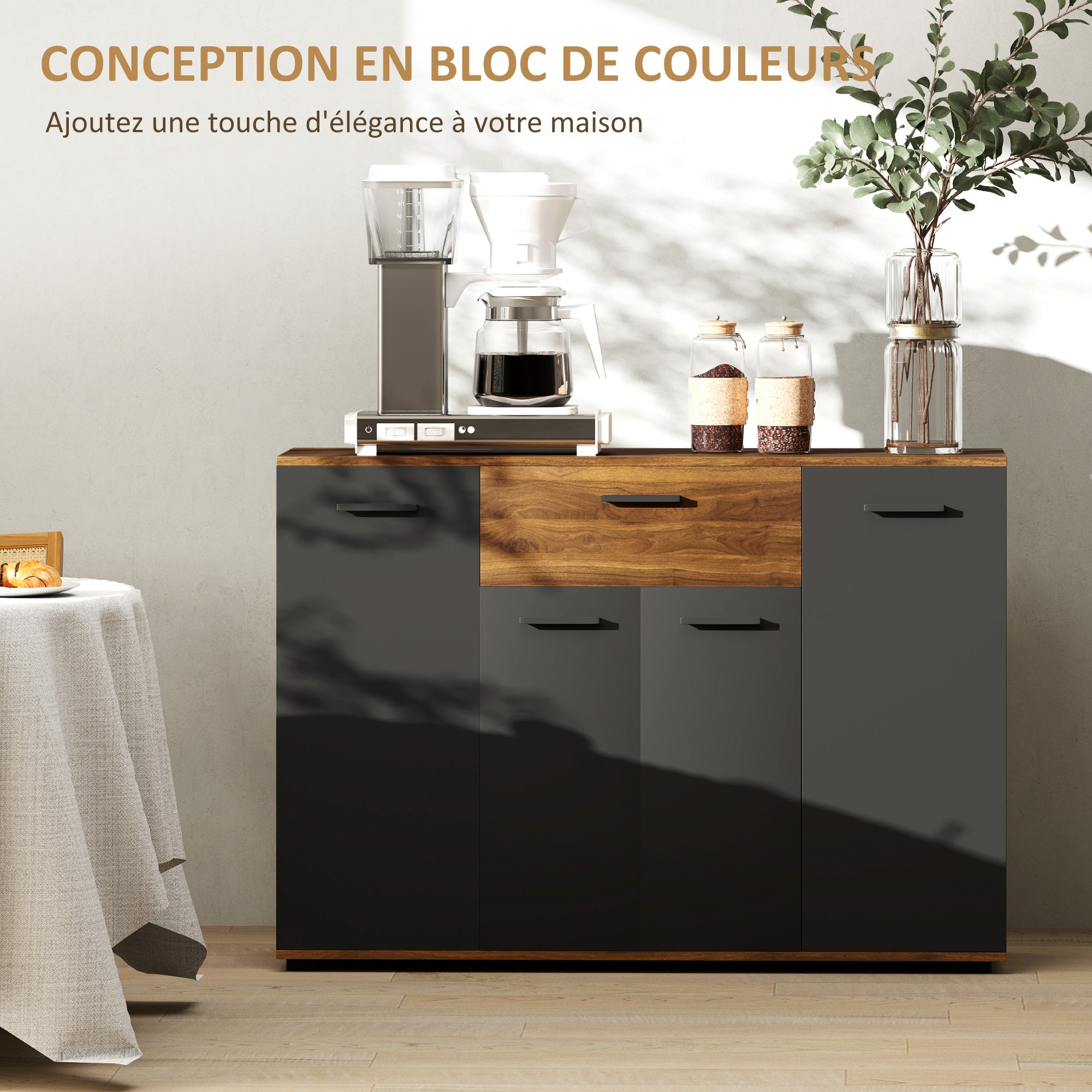 Buffet salon meuble de rangement avec 4 placards, tiroirs et étagères réglables, dim. 120 x 35 x 85 cm, marron et noir