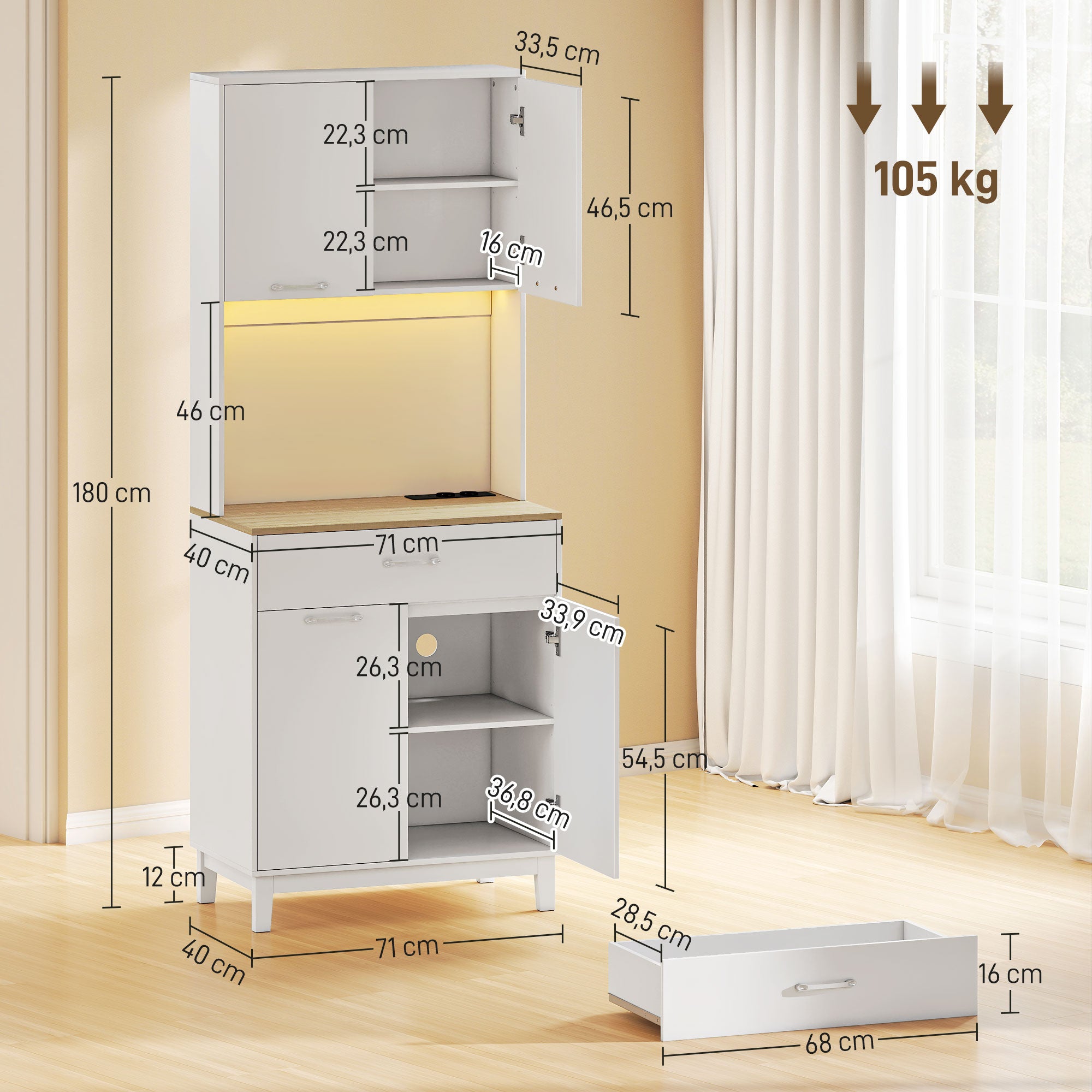 Buffet Haut Cuisine avec LED et Station de Charge, Armoire de Cuisine 180cm avec 4 Portes, Tiroir, Étagères Réglables et Plan de Travail, Meuble de Rangement pour Salon, Salle à Manger, Blanc