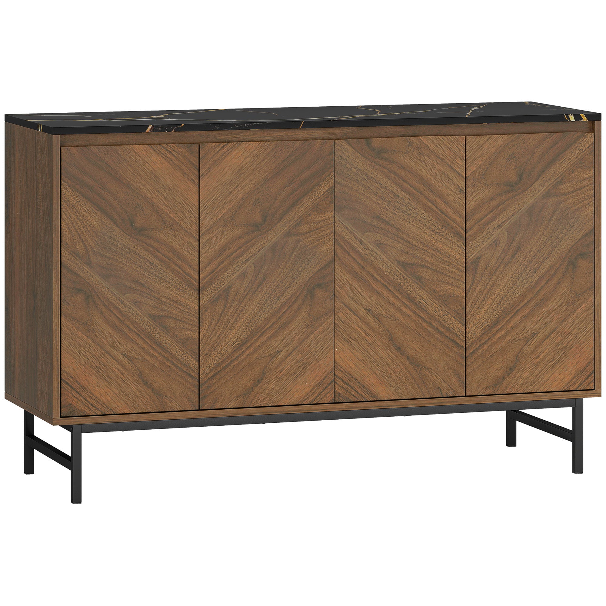 Meuble TV 120 cm, meuble télé pour téléviseur jusqu'à 55 pouces avec 4 portes, plateau effet marbre, étagères réglables et pieds en acier, banc TV pour salon, chambre à coucher, noyer