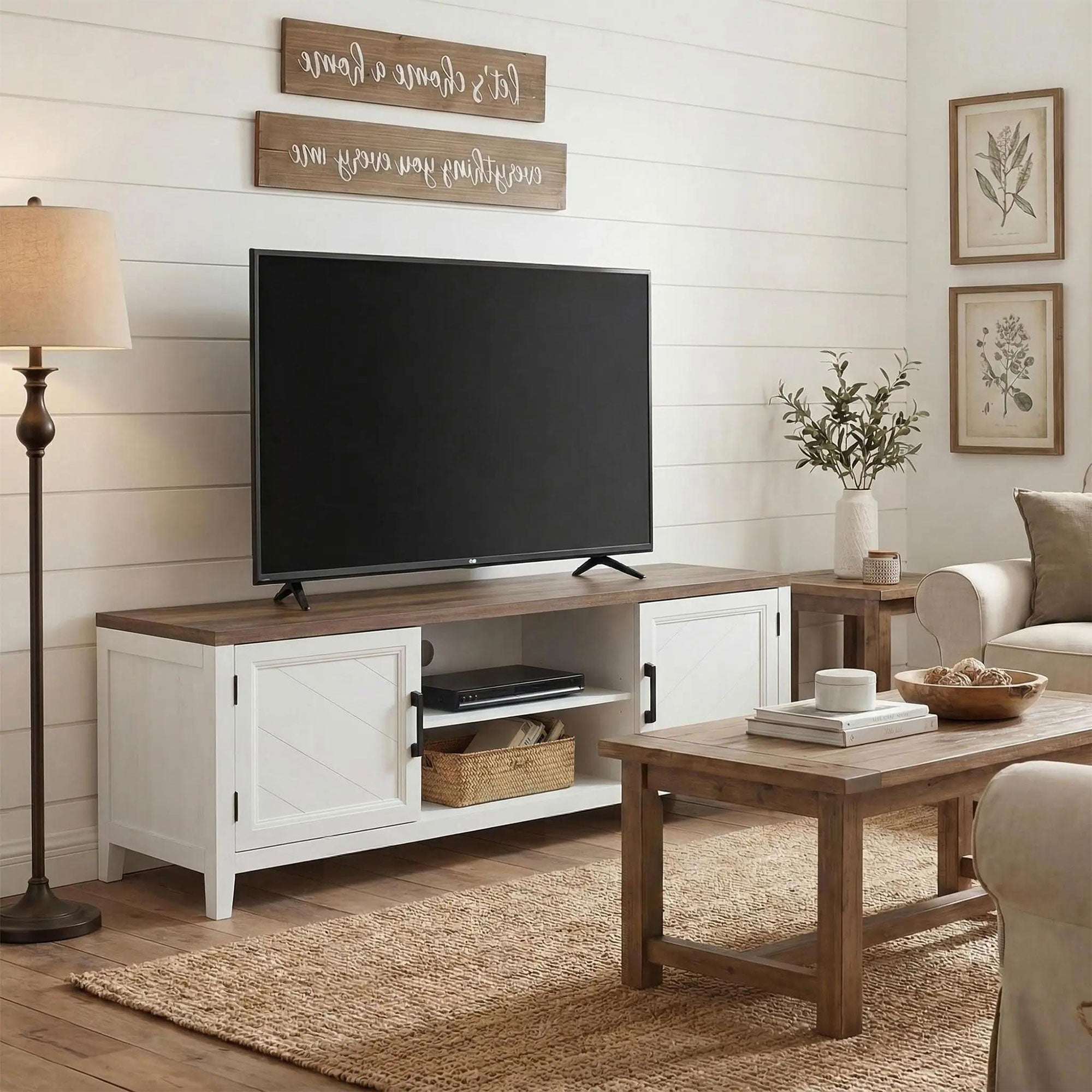 Meuble TV 140 cm, meuble télé pour téléviseur jusqu'à 42 pouces avec 2 portes, 2 compartiments ouverts, style rustique, banc TV pour salon, chambre, blanc et marron