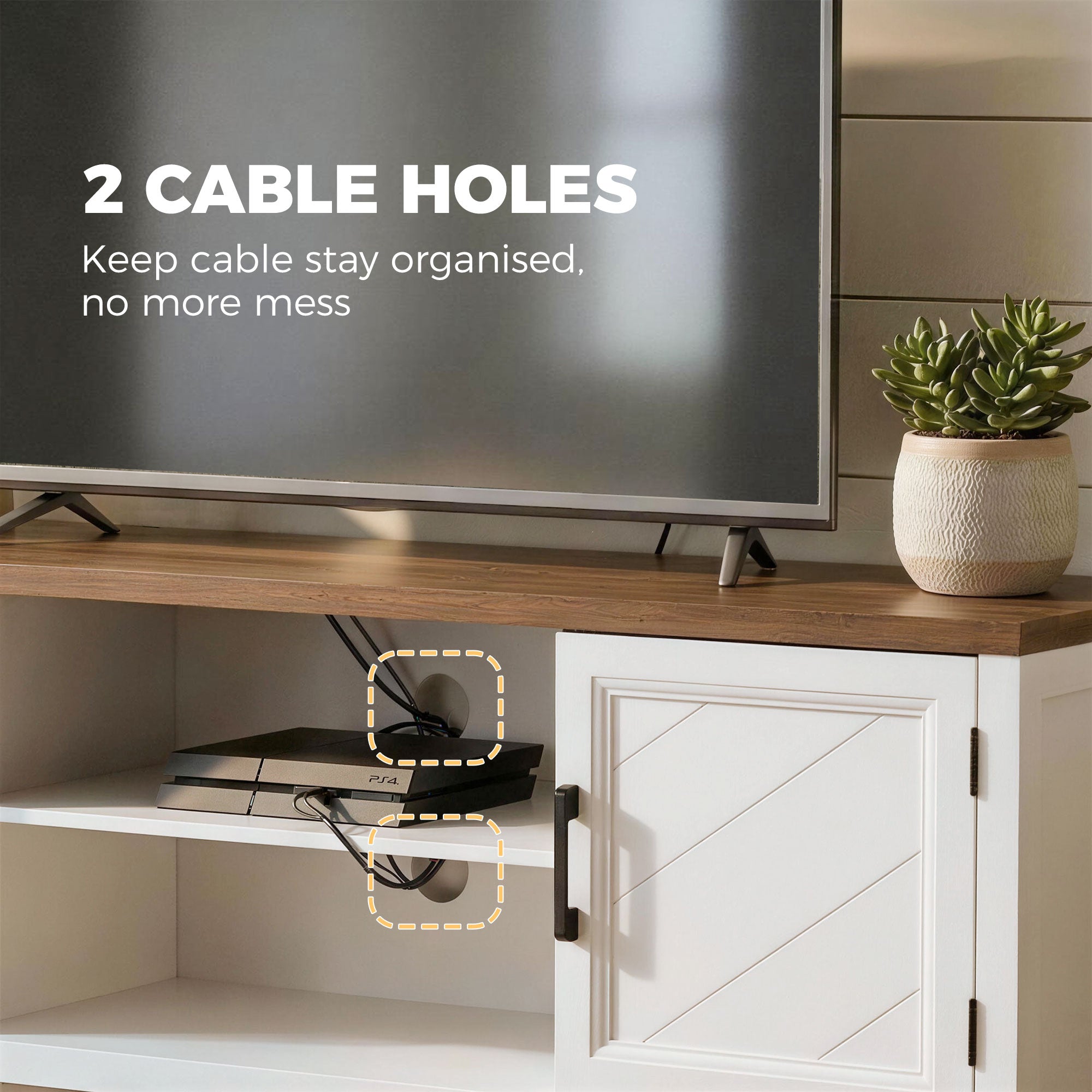 Meuble TV 140 cm, meuble télé pour téléviseur jusqu'à 42 pouces avec 2 portes, 2 compartiments ouverts, style rustique, banc TV pour salon, chambre, blanc et marron