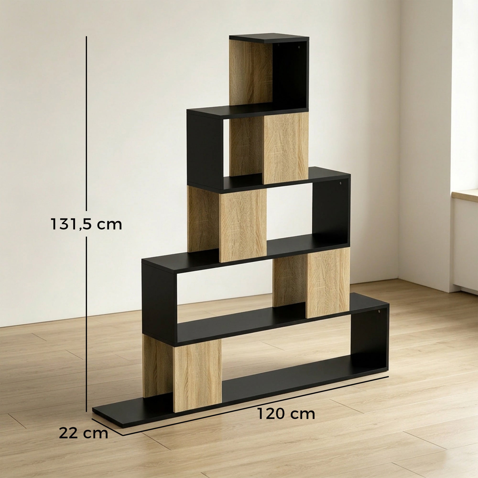 Étagère de rangement, bibliothèque géométrique à 5 niveaux, pour bureau, salon, chambre, 120 x 22 x 131,5 cm, noir et bois naturel
