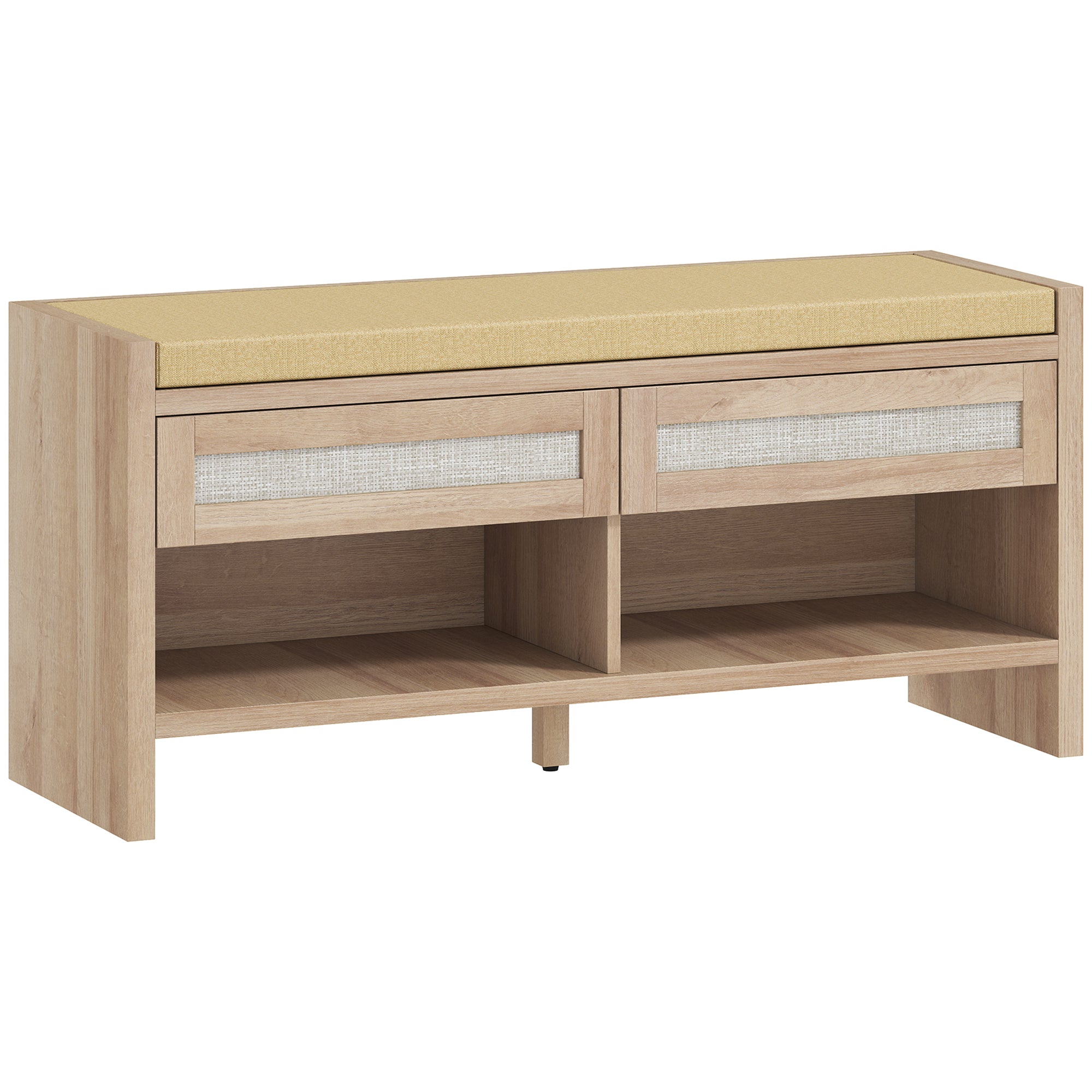 Banc chaussures entrée, banc de rangement, assise rembourrée en lin, 2 tiroirs en rotin et étagère ouverte, style bohème, pour entrée, couloir, 108 x 35 x 50 cm, chêne et marron clair