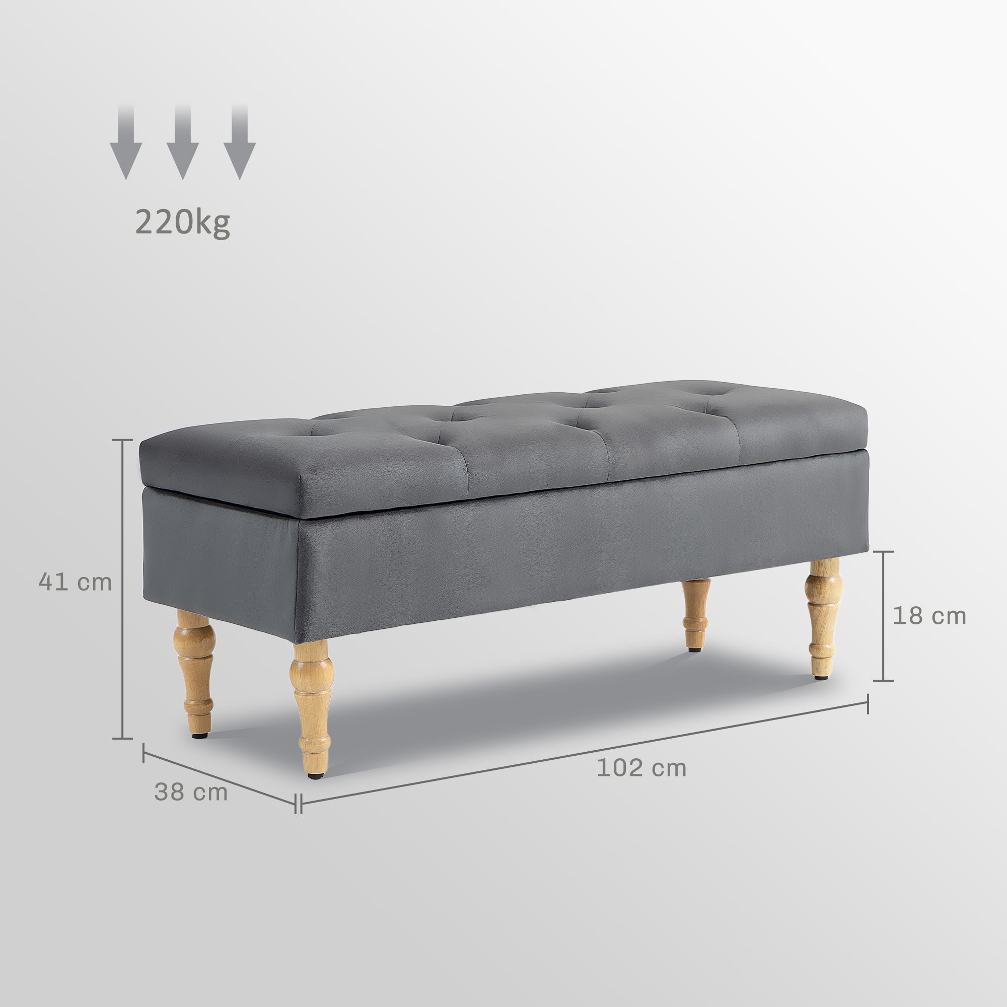 Banc coffre rangement 2 en 1 banquette en velours banc de rangement 38L style médiéval avec couvercle à charnière capitonné et pieds en bois pour couloir, salon, chambre, 102 x 38 x 41 cm, gris