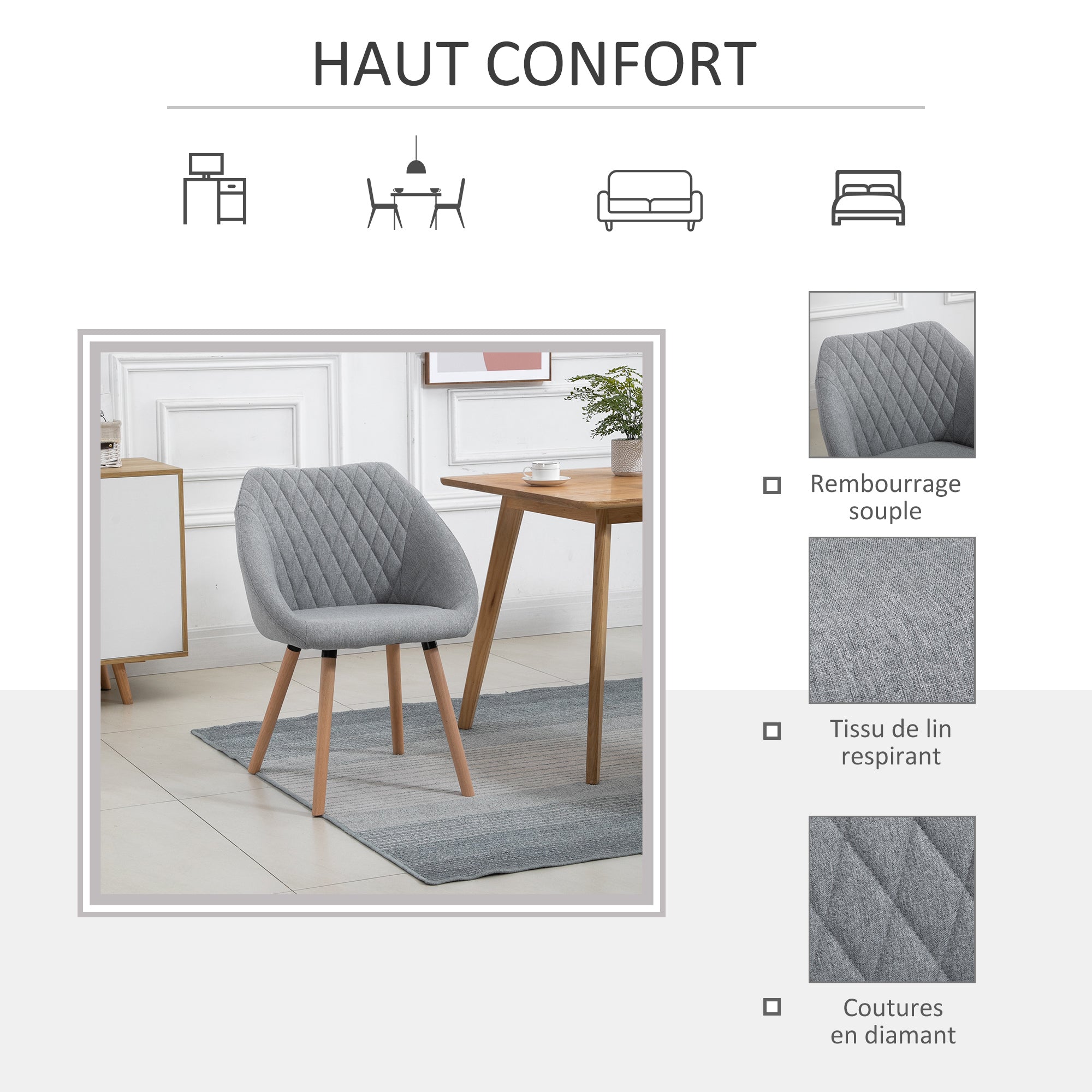 Lot de 2 Chaises de Salle à Manger Design scandinave - Pieds effilés Bois hêtre - Assise Dossier accoudoirs ergonomiques Lin Gris