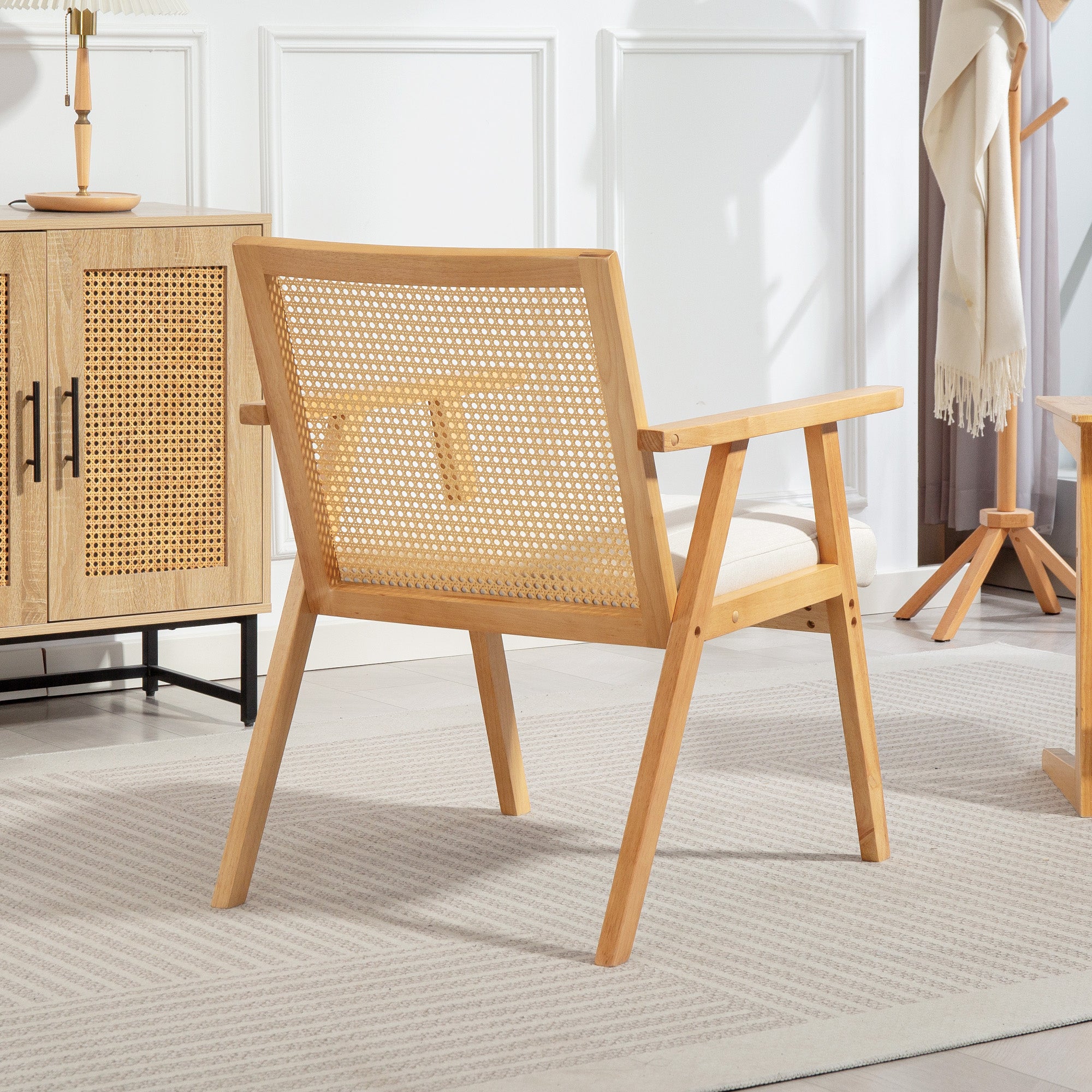 Fauteuil Relax pour Salon Chambre Confortable, Chaise cannage avec Dossier en rotin et Coussin rembourré et accoudoirs, Bois Naturel