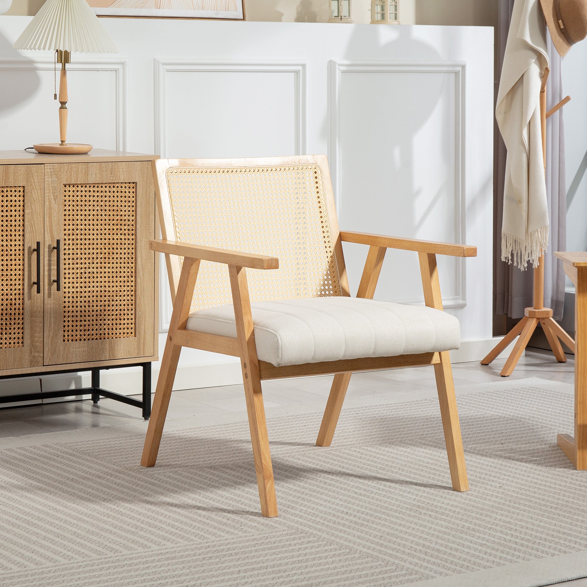 Fauteuil Relax pour Salon Chambre Confortable, Chaise cannage avec Dossier en rotin et Coussin rembourré et accoudoirs, Bois Naturel