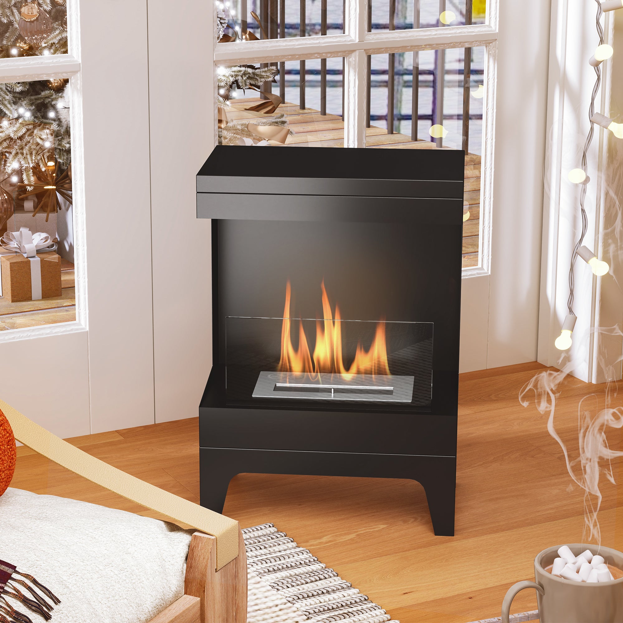 Cheminée bioéthanol sur pieds, avec réservoir 0,9 L, environ 3,3 h de durée de combustion, couverture 20 m², 38 x 22 x 54 cm, noir