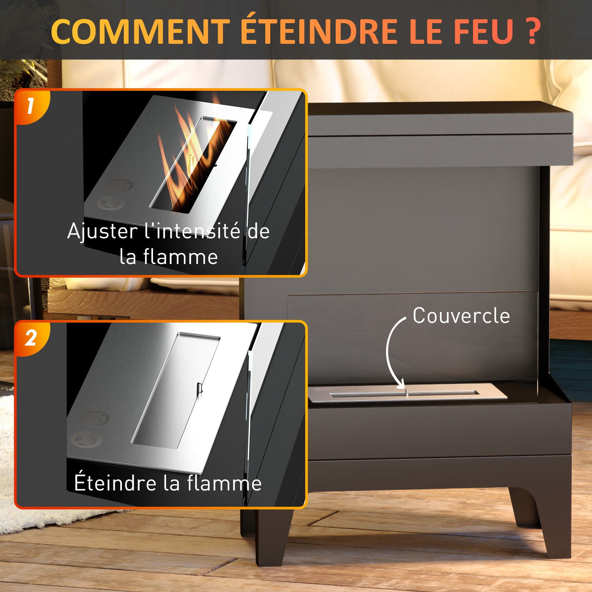 Cheminée bioéthanol sur pieds, avec réservoir 0,9 L, environ 3,3 h de durée de combustion, couverture 20 m², 38 x 22 x 54 cm, noir