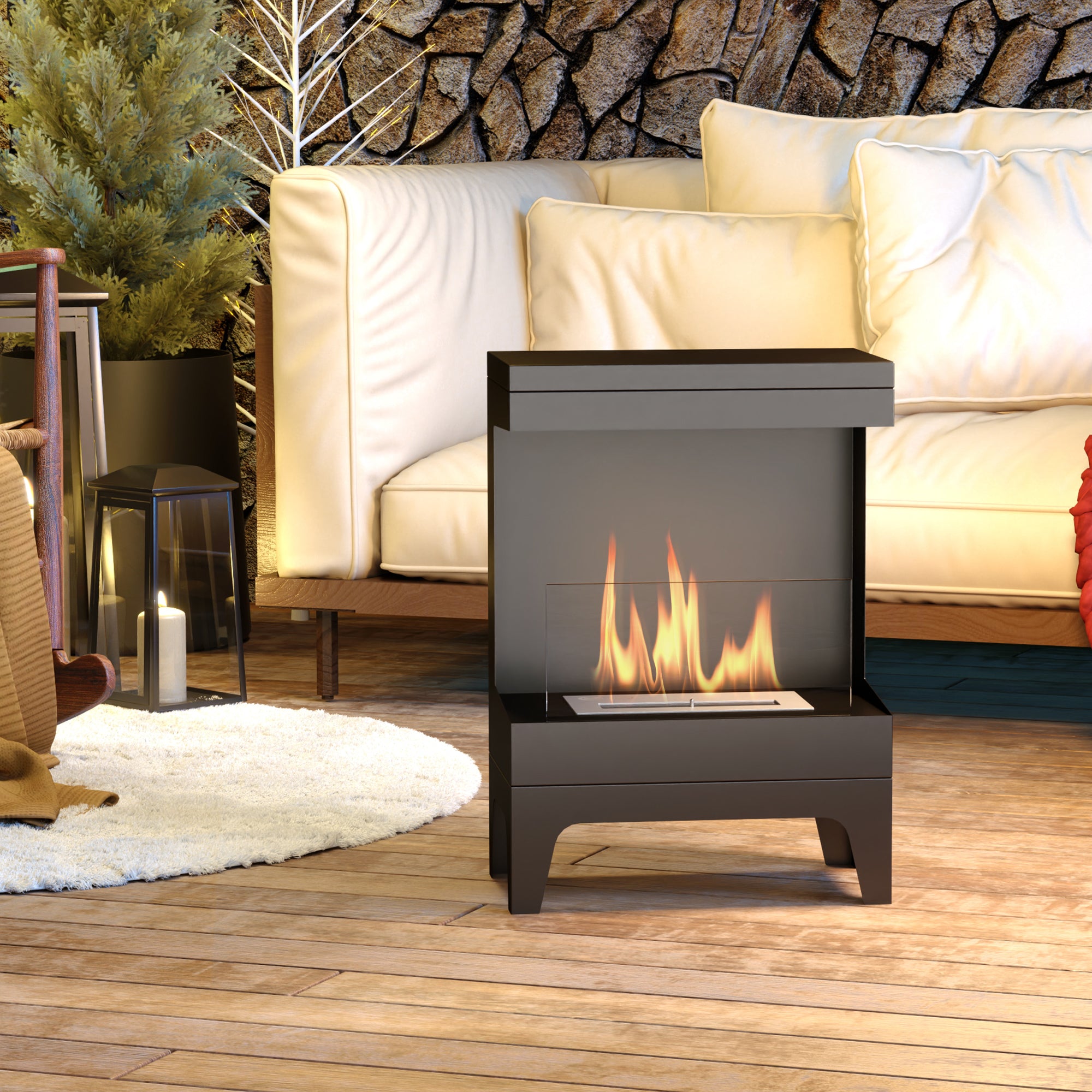 Cheminée bioéthanol sur pieds, avec réservoir 0,9 L, environ 3,3 h de durée de combustion, couverture 20 m², 38 x 22 x 54 cm, noir