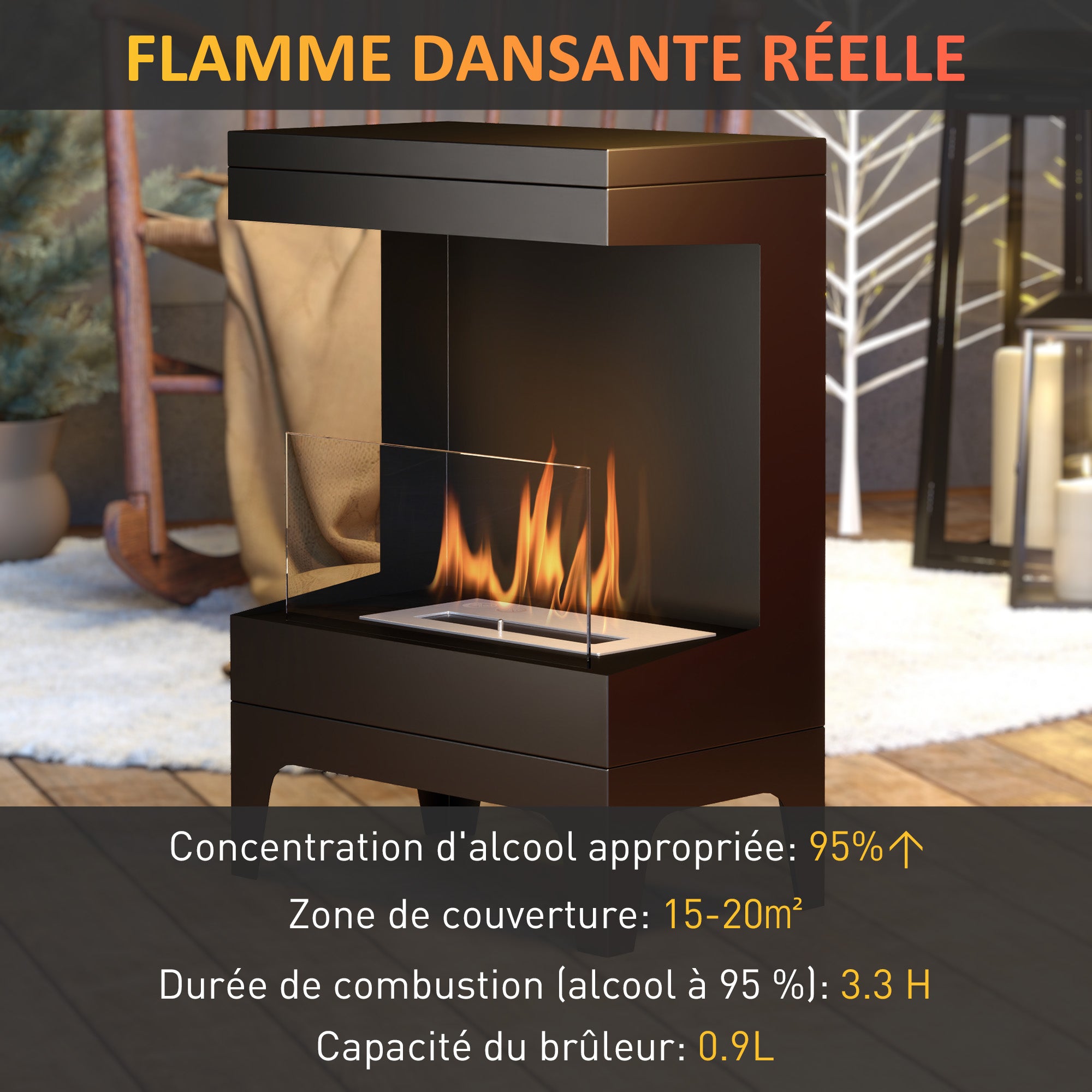 Cheminée bioéthanol sur pieds, avec réservoir 0,9 L, environ 3,3 h de durée de combustion, couverture 20 m², 38 x 22 x 54 cm, noir