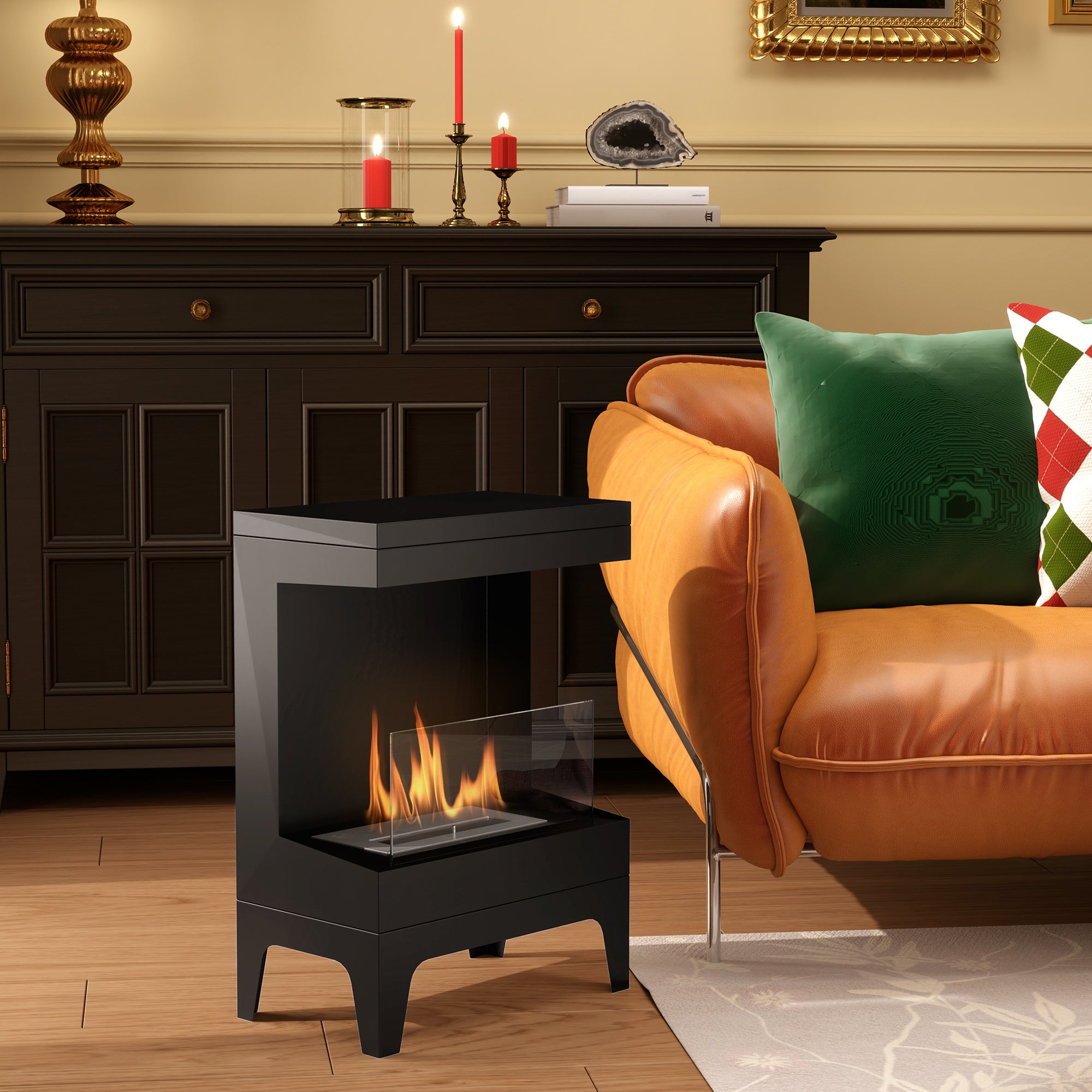 Cheminée bioéthanol sur pieds, avec réservoir 0,9 L, environ 3,3 h de durée de combustion, couverture 20 m², 38 x 22 x 54 cm, noir