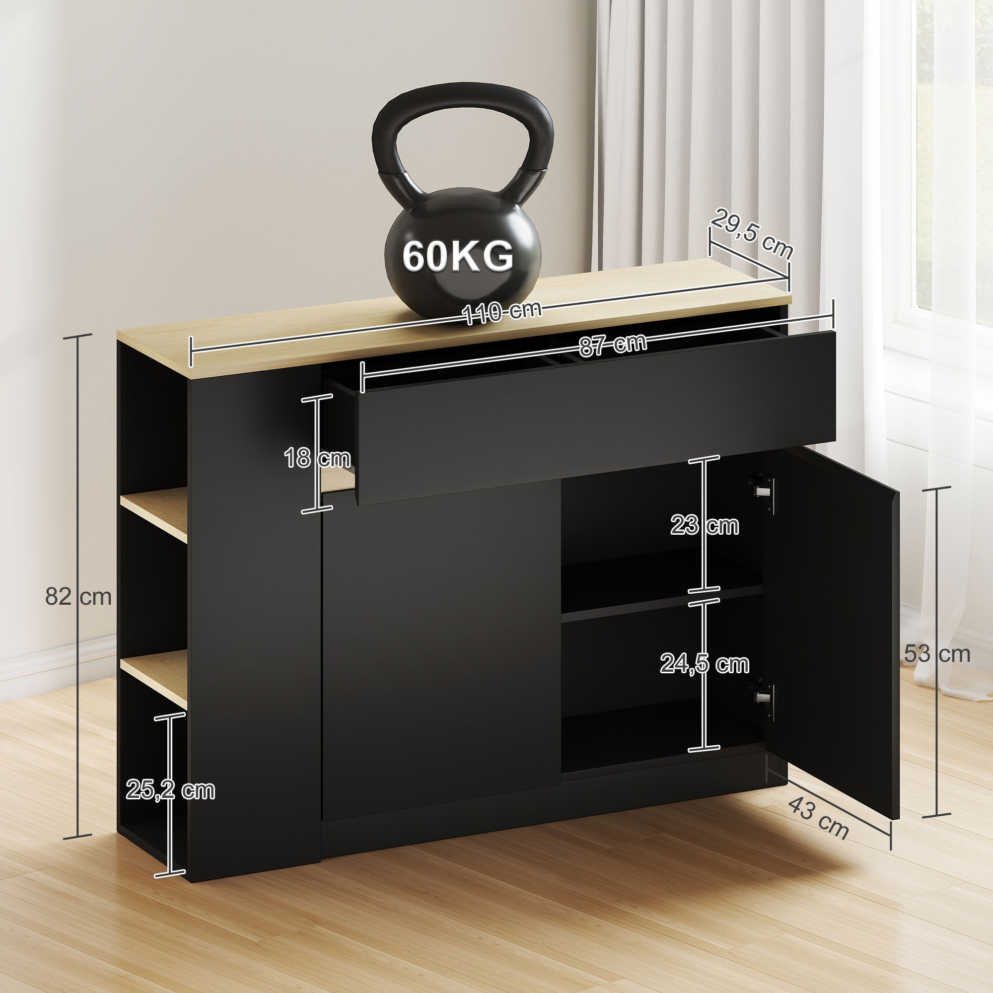 Buffet, meuble de rangement, avec placard 2 portes, étagère réglable, 2 tiroirs, 3 étagères ouvertes, 110 x 29,5 x 82 cm, pour salle à manger, salon, cuisine, noir