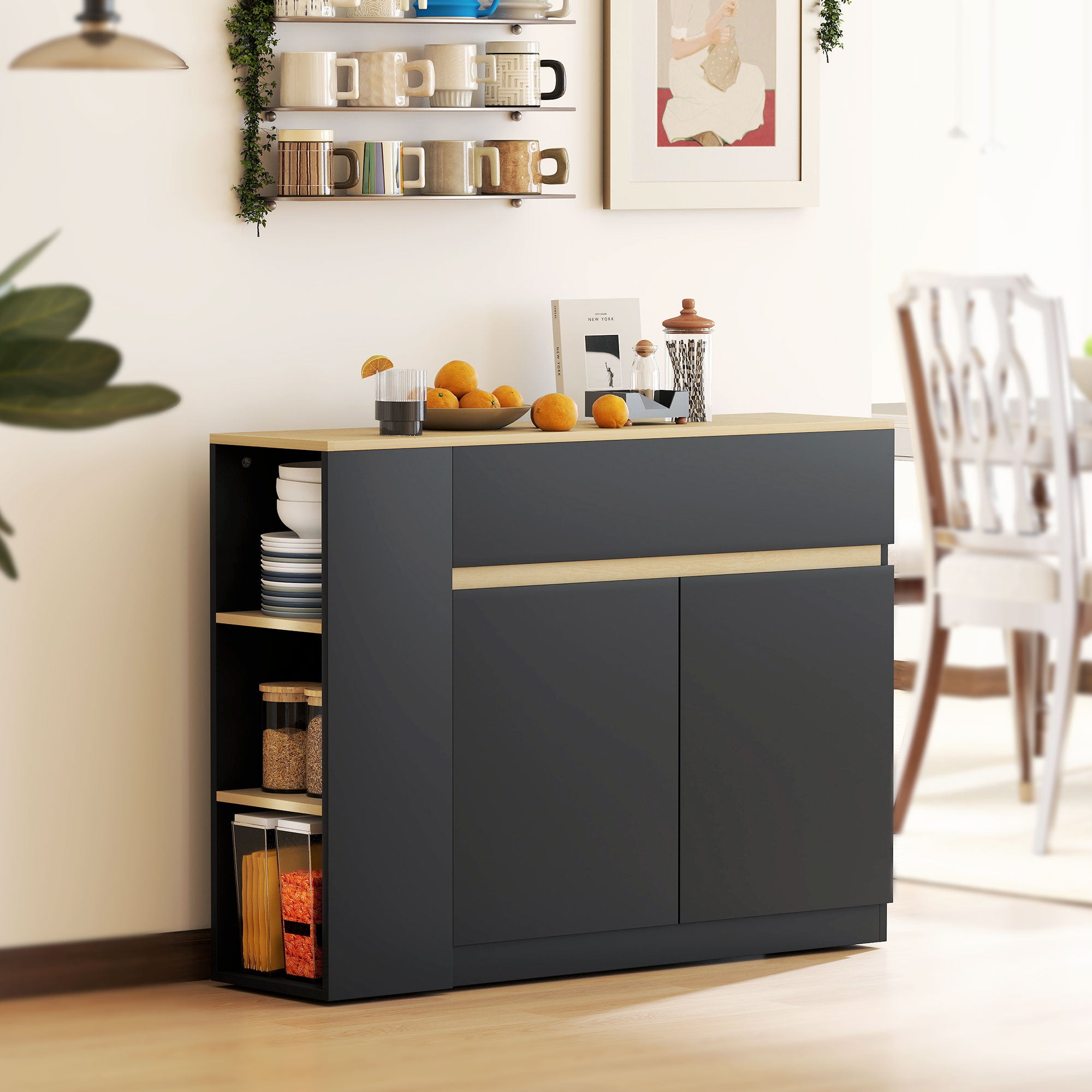 Buffet, meuble de rangement, avec placard 2 portes, étagère réglable, 2 tiroirs, 3 étagères ouvertes, 110 x 29,5 x 82 cm, pour salle à manger, salon, cuisine, noir