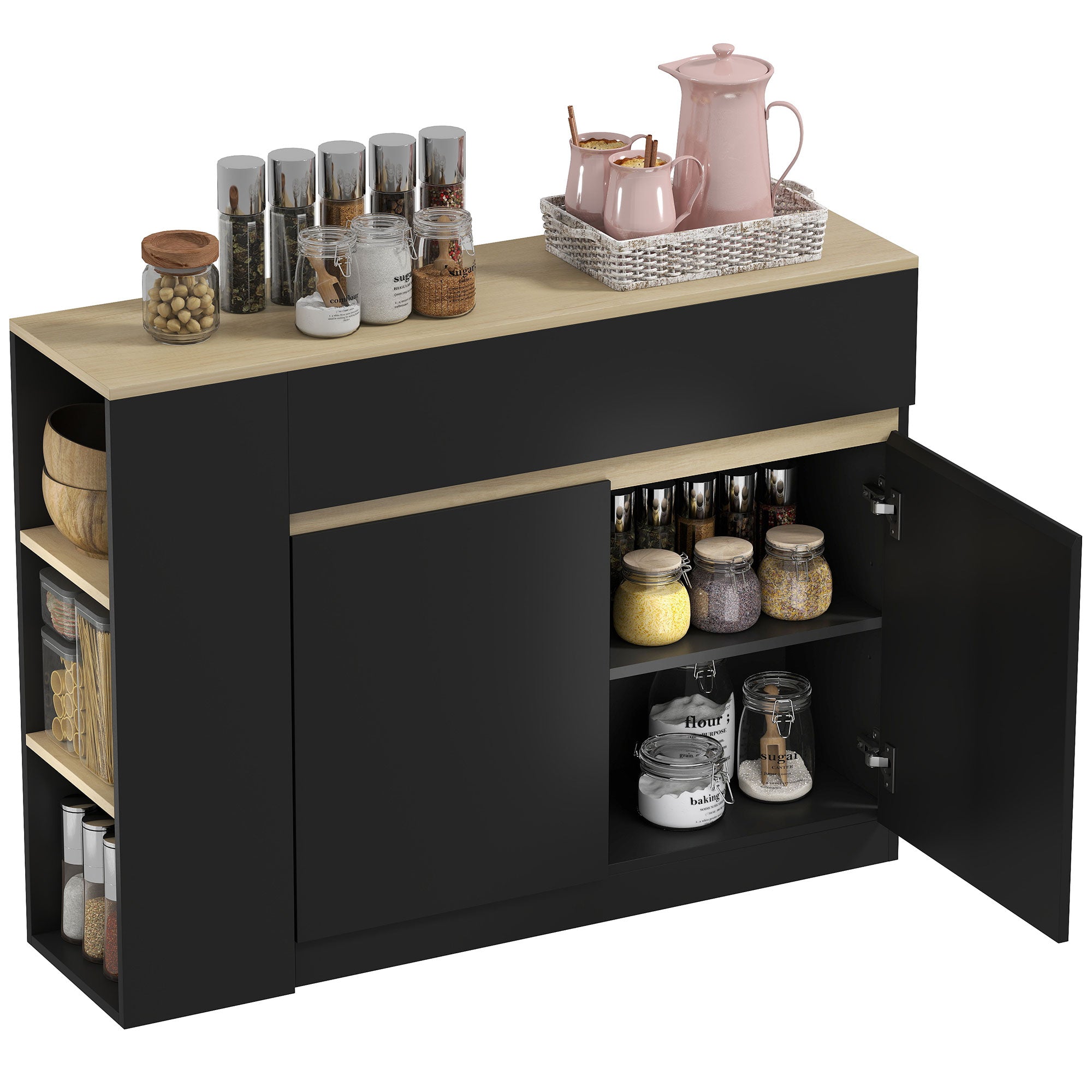Buffet, meuble de rangement, avec placard 2 portes, étagère réglable, 2 tiroirs, 3 étagères ouvertes, 110 x 29,5 x 82 cm, pour salle à manger, salon, cuisine, noir