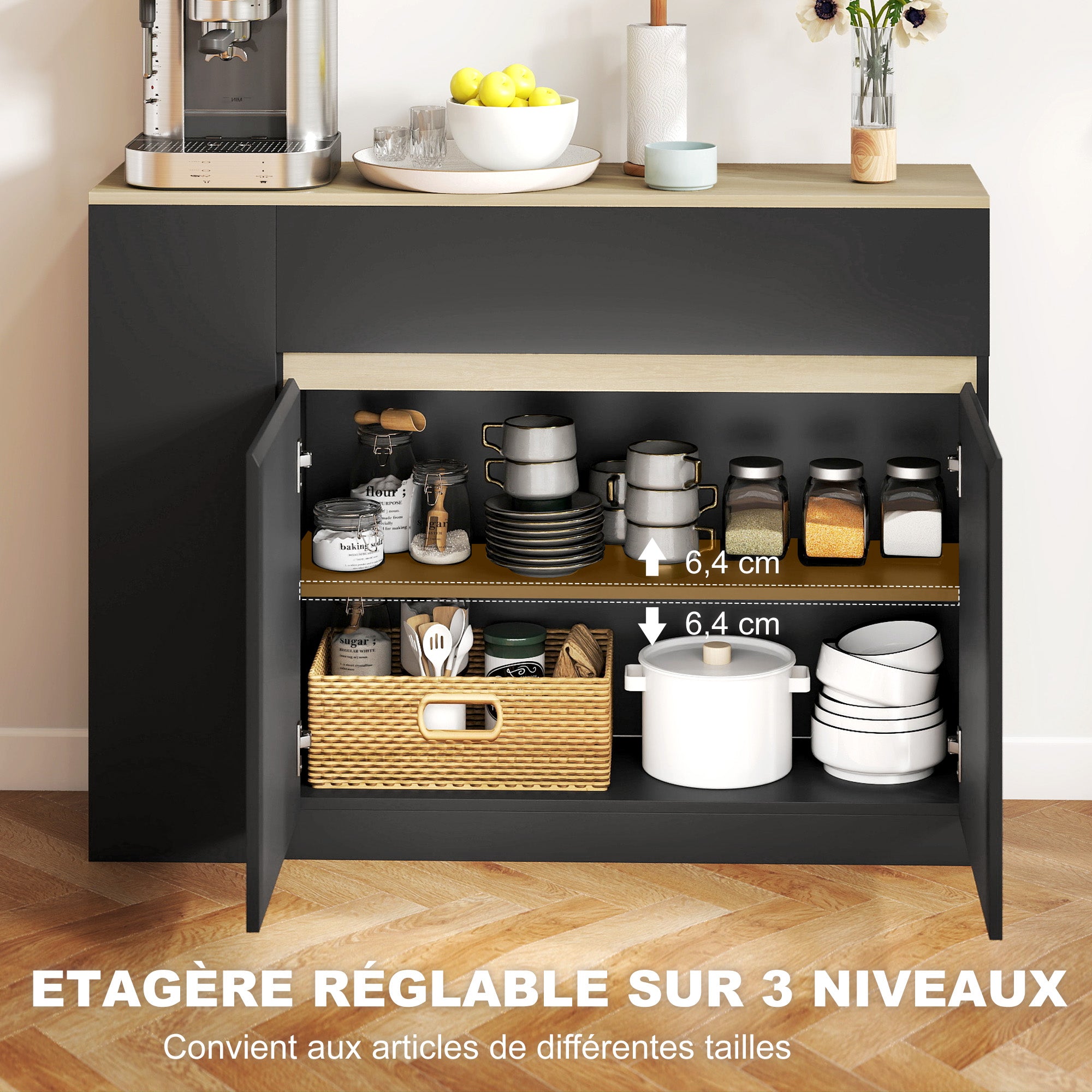 Buffet, meuble de rangement, avec placard 2 portes, étagère réglable, 2 tiroirs, 3 étagères ouvertes, 110 x 29,5 x 82 cm, pour salle à manger, salon, cuisine, noir