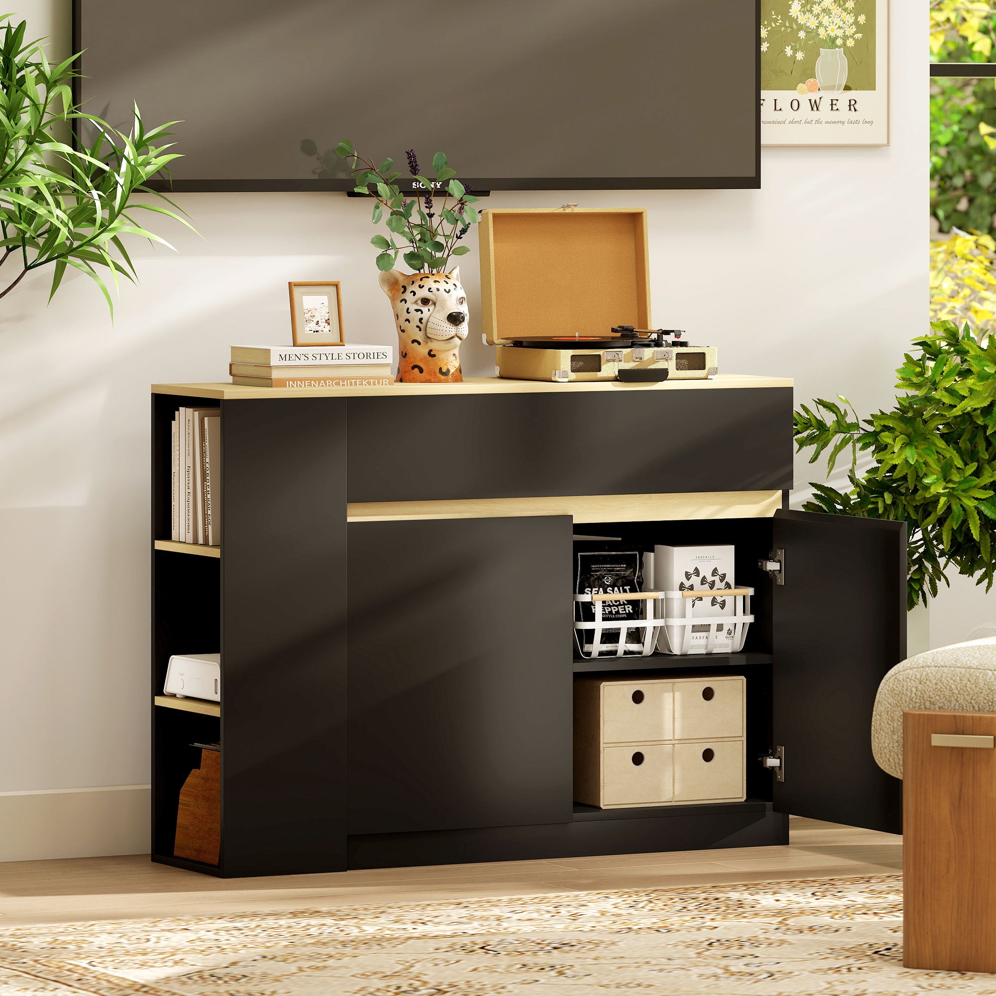 Buffet, meuble de rangement, avec placard 2 portes, étagère réglable, 2 tiroirs, 3 étagères ouvertes, 110 x 29,5 x 82 cm, pour salle à manger, salon, cuisine, noir