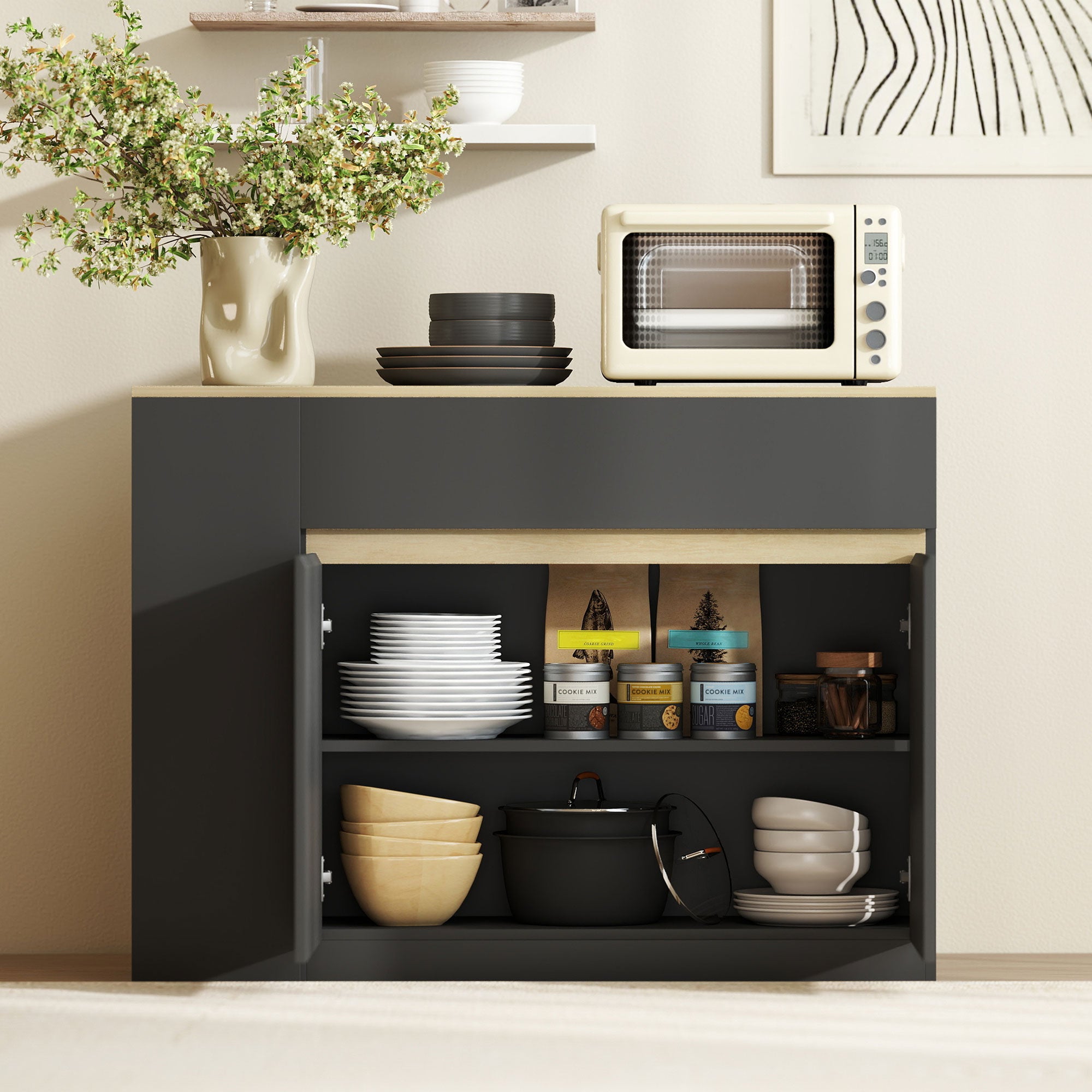 Buffet, meuble de rangement, avec placard 2 portes, étagère réglable, 2 tiroirs, 3 étagères ouvertes, 110 x 29,5 x 82 cm, pour salle à manger, salon, cuisine, noir