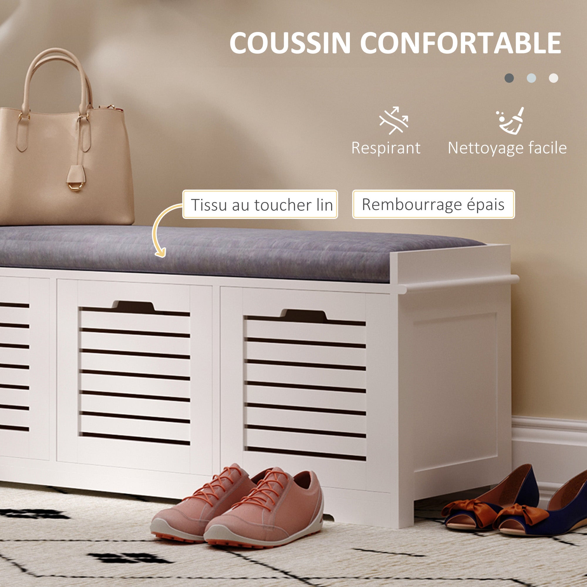 Banc à chaussures meuble à chaussures avec 3 tiroirs et coussin d'assise amovible, banc de rangement pour couloir, entrée, chambre, dim. 108l x 35P x 43H cm, blanc