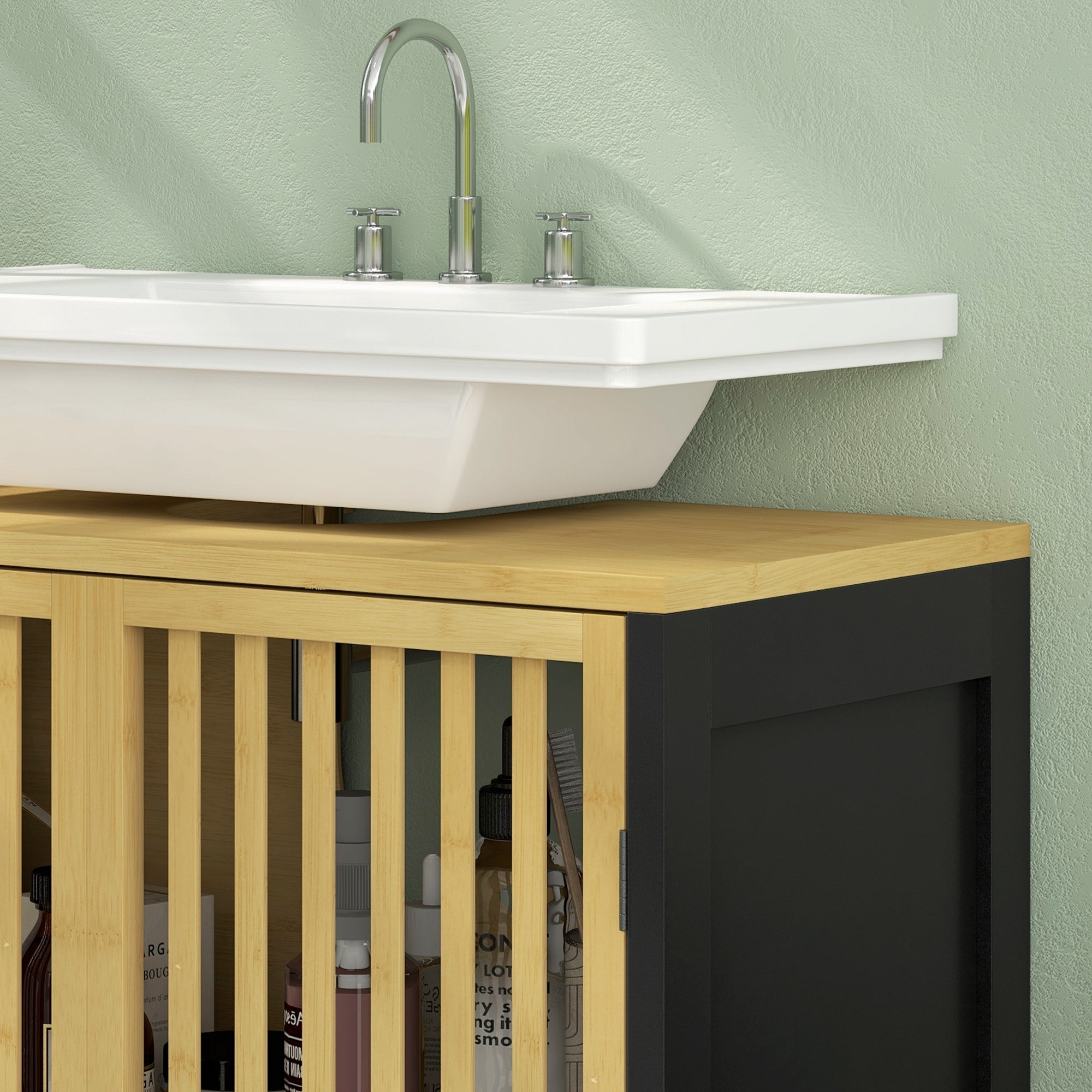 Meuble sous vasque meuble de salle de bain 2 portes avec étagère réglable armoire de rangement pour lavabo 60 x 30 x 70 cm en bambou noir et naturel