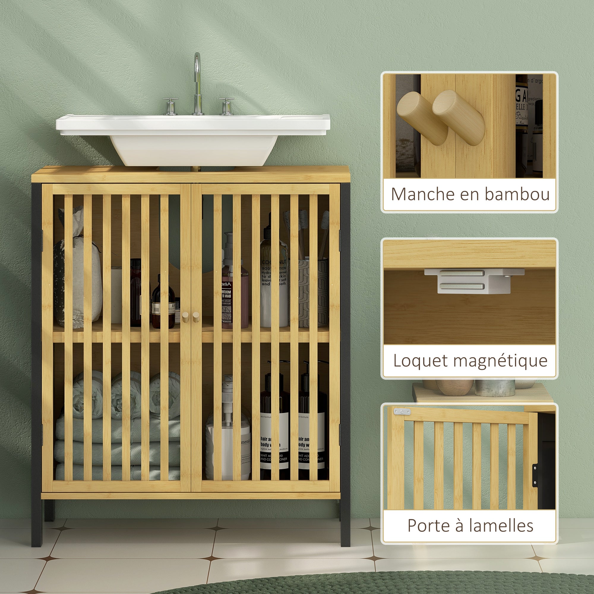 Meuble sous vasque meuble de salle de bain 2 portes avec étagère réglable armoire de rangement pour lavabo 60 x 30 x 70 cm en bambou noir et naturel