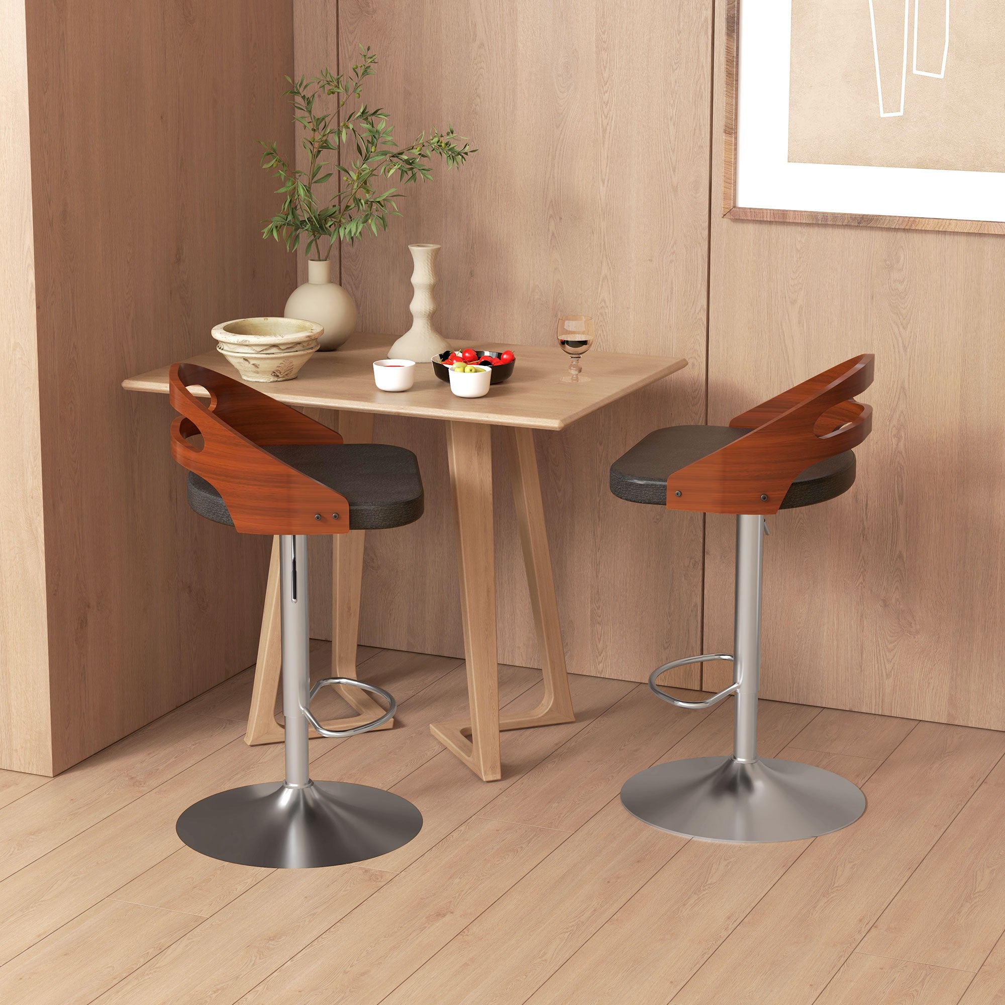 Lot de 2 tabourets de Bar Design Contemporain Hauteur d'assise réglable pivotant 360° revêtement synthétique Noir Dossier ajouré Aspect Bois