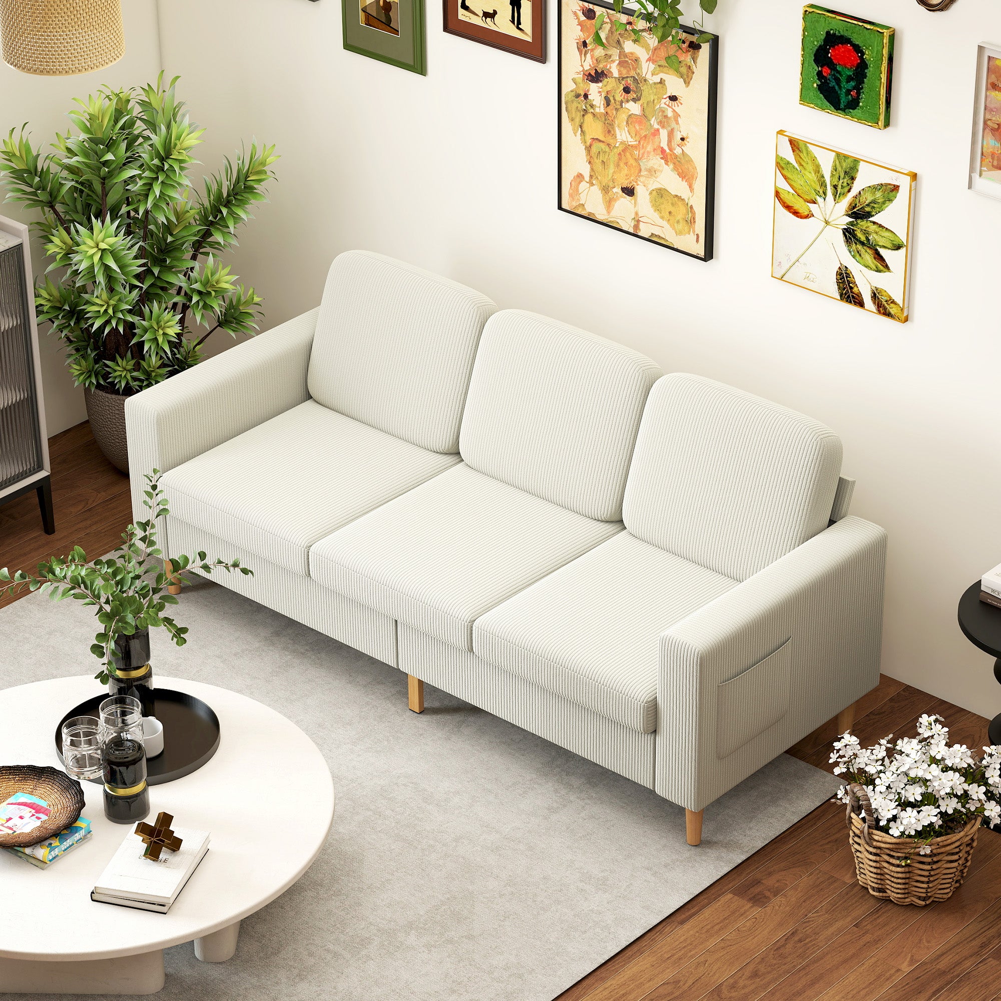 Canapé 3 places en velours côtelé, 192 cm, design moderne, canapé avec coussins à ressorts et assise rembourré, pour salon, chambre, bureau, beige