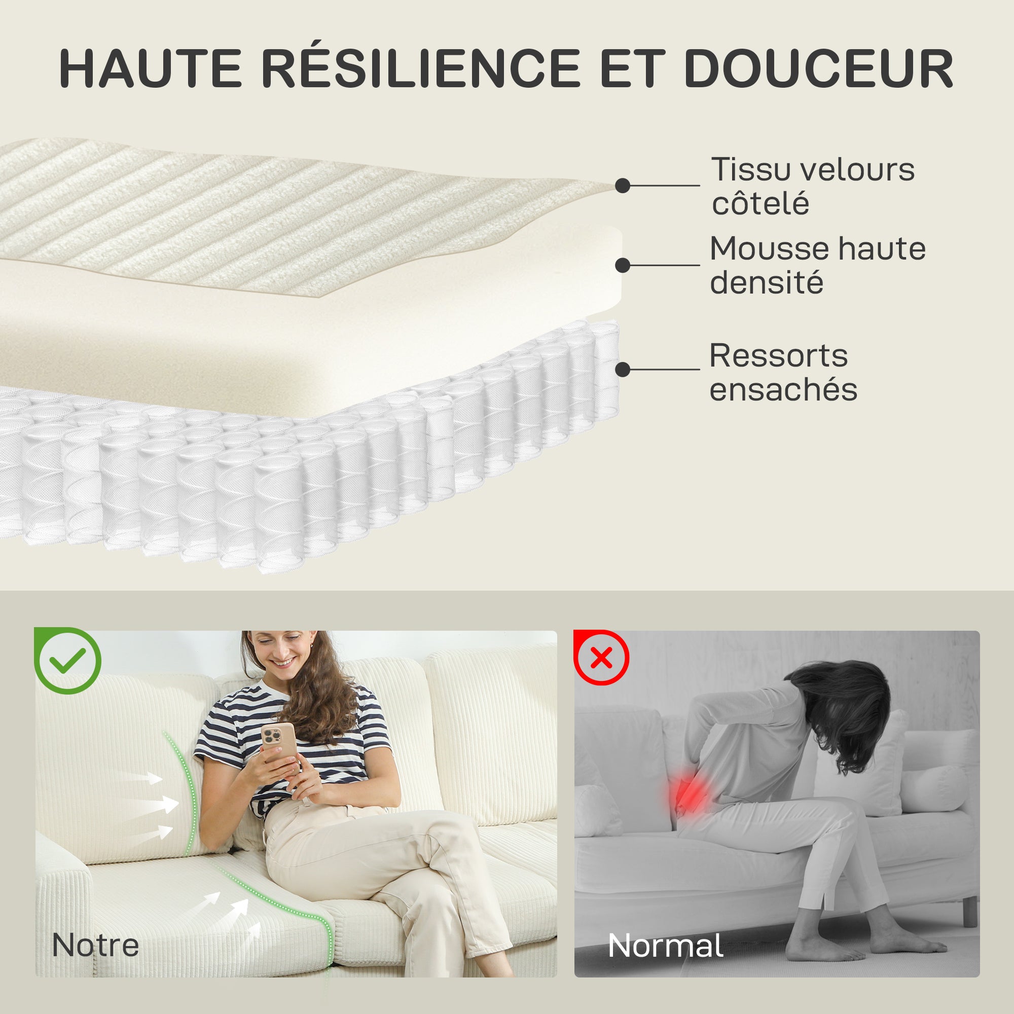 Canapé 3 places en velours côtelé, 192 cm, design moderne, canapé avec coussins à ressorts et assise rembourré, pour salon, chambre, bureau, beige