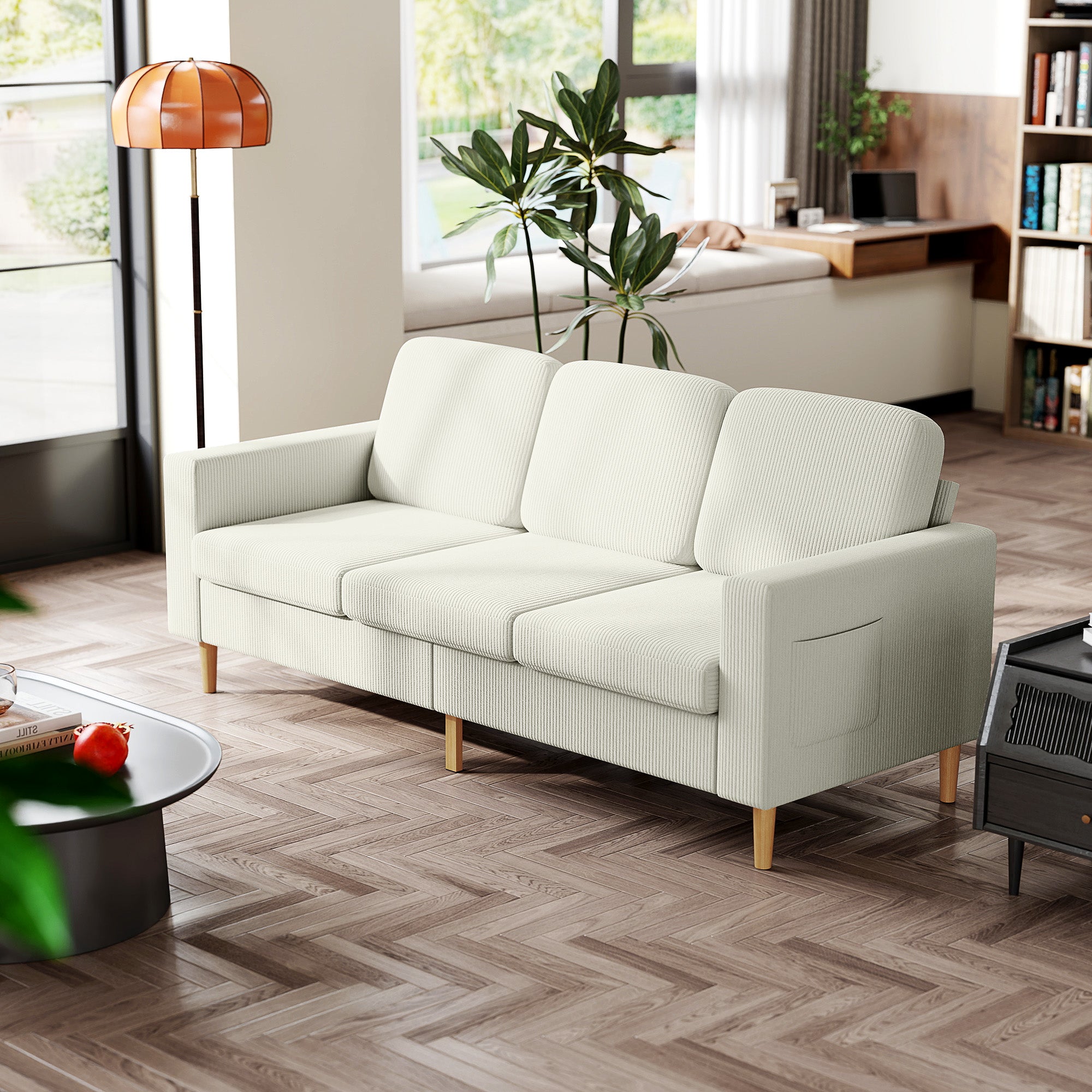 Canapé 3 places en velours côtelé, 192 cm, design moderne, canapé avec coussins à ressorts et assise rembourré, pour salon, chambre, bureau, beige