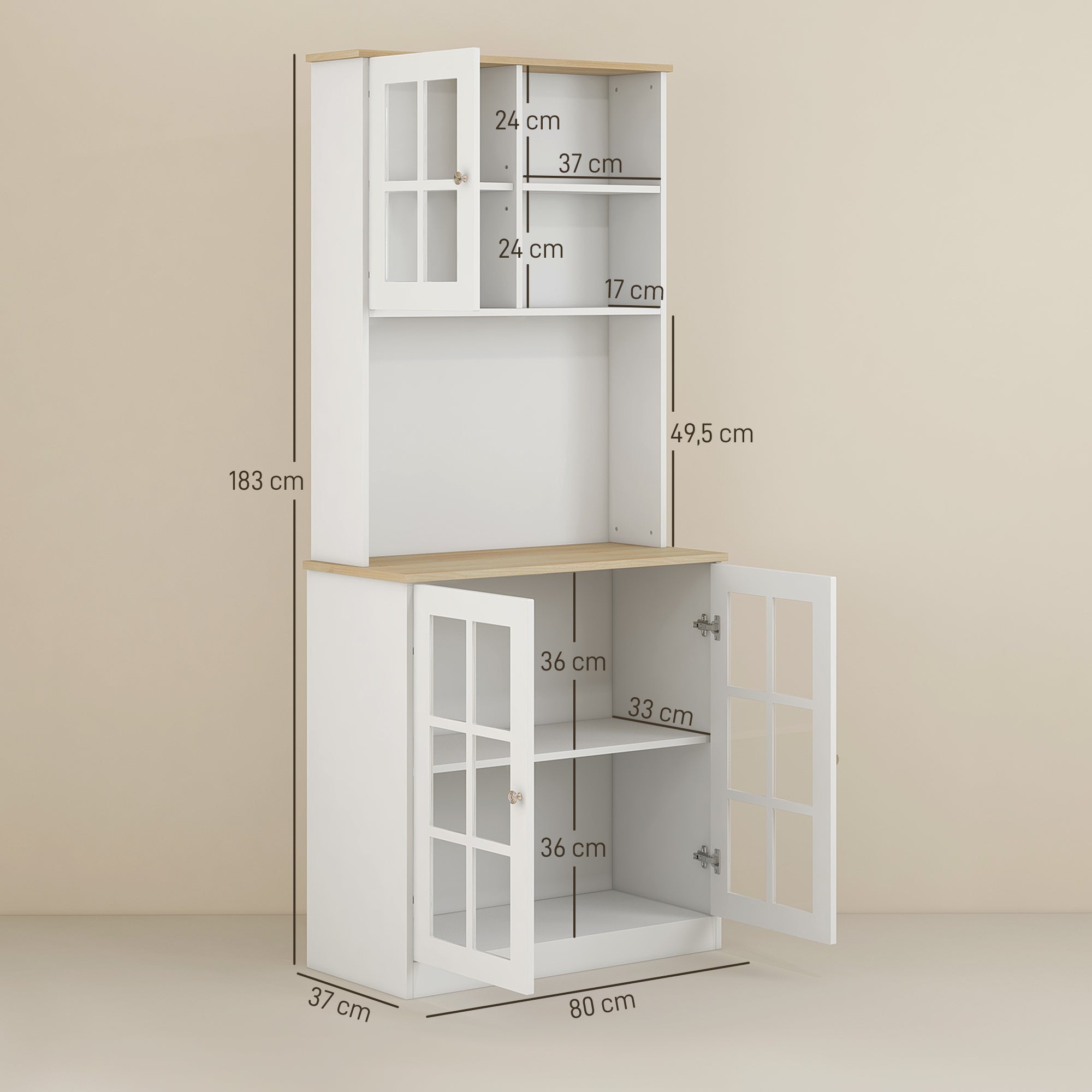 Buffet cuisine, meuble cuisine rangement haut, meuble de rangement avec plan de travail, 3 portes vitrées, 2 niches et étagères réglables, 80 x 37 x 183 cm, blanc chêne