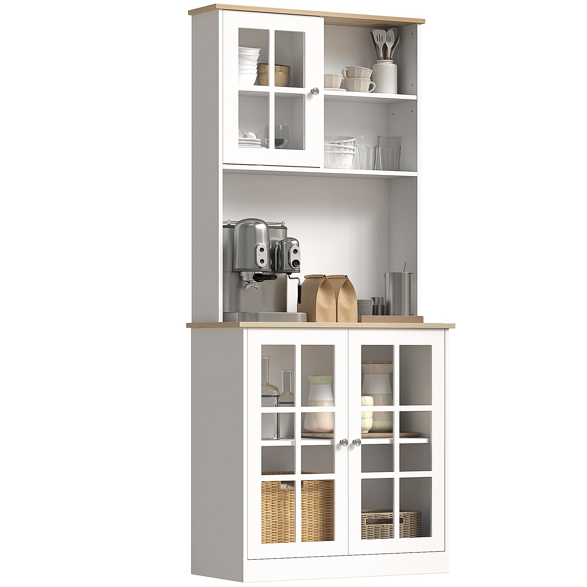 Buffet cuisine, meuble cuisine rangement haut, meuble de rangement avec plan de travail, 3 portes vitrées, 2 niches et étagères réglables, 80 x 37 x 183 cm, blanc chêne