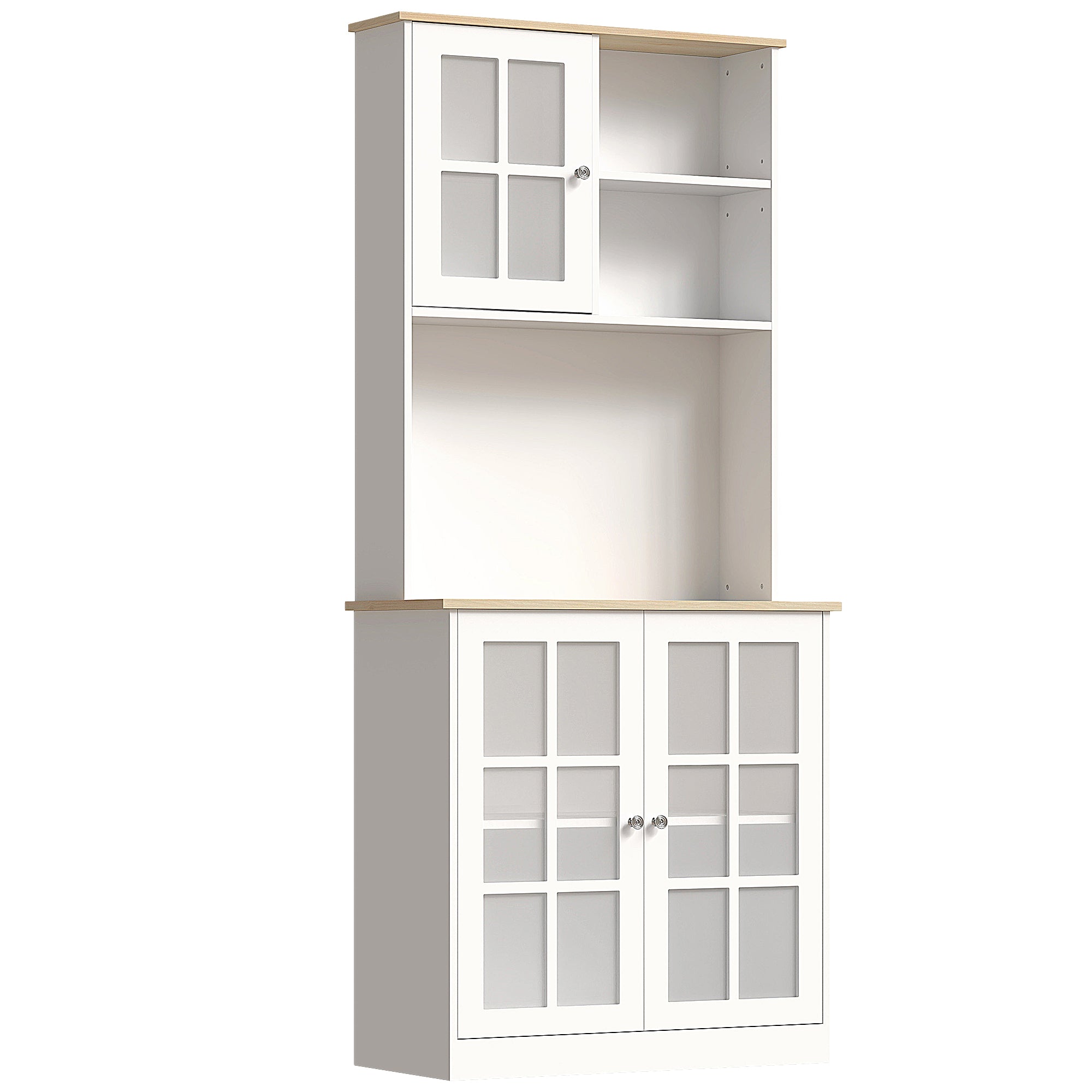 Buffet cuisine, meuble cuisine rangement haut, meuble de rangement avec plan de travail, 3 portes vitrées, 2 niches et étagères réglables, 80 x 37 x 183 cm, blanc chêne