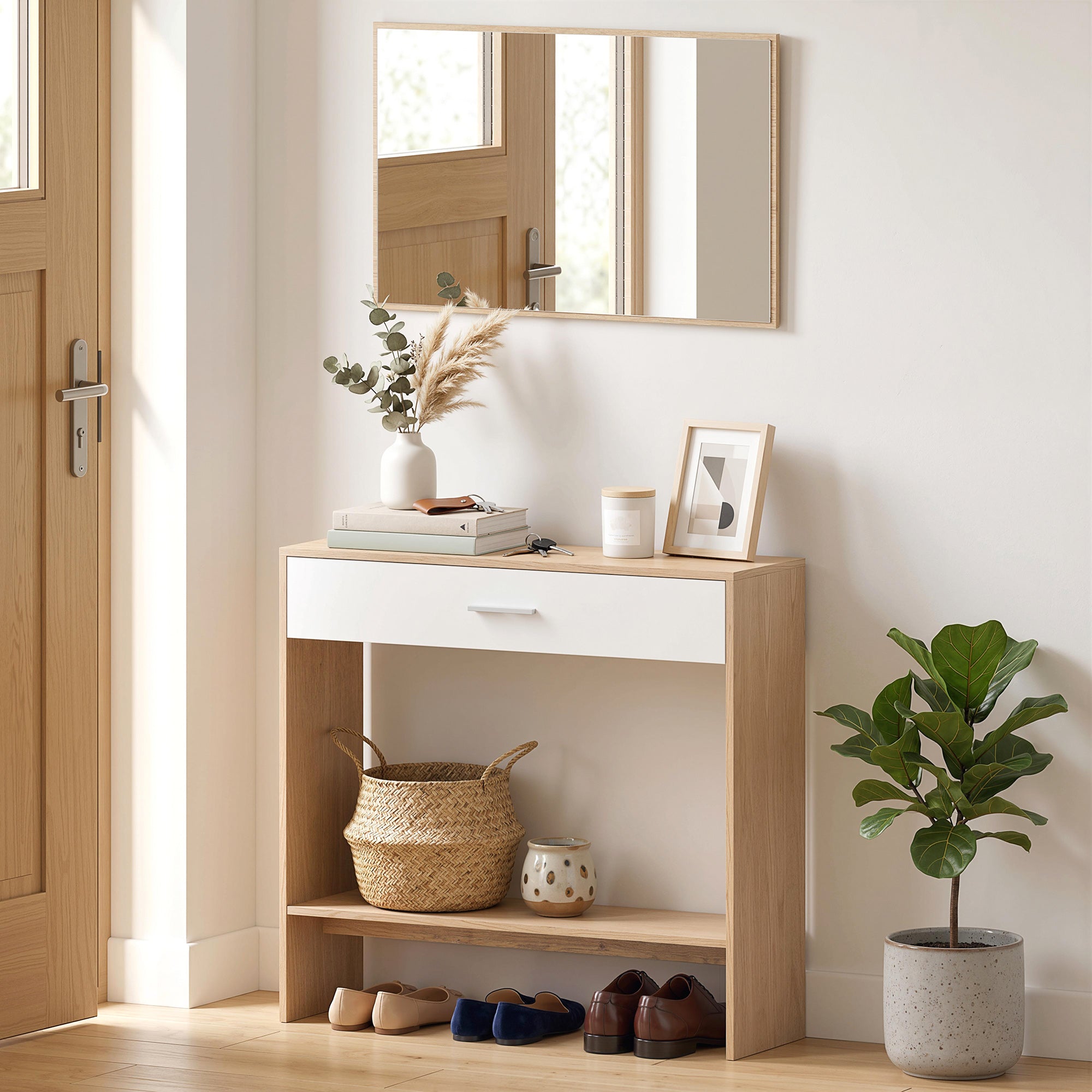 Console meuble + miroir, table console étroite avec tiroir et étagère, style moderne, table d'entrée, couloir, salon, petits espaces, 91,5 x 27,9 x 85,5 cm, chêne