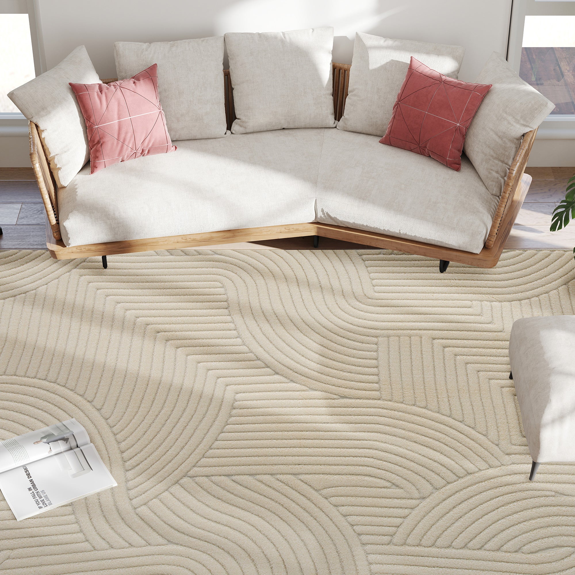 Tapis salon 160 x 120 cm, tapis à poils épais géométrique, moelleux et antidérapant, style moderne, pour salon, chambre à coucher, bureau, crème