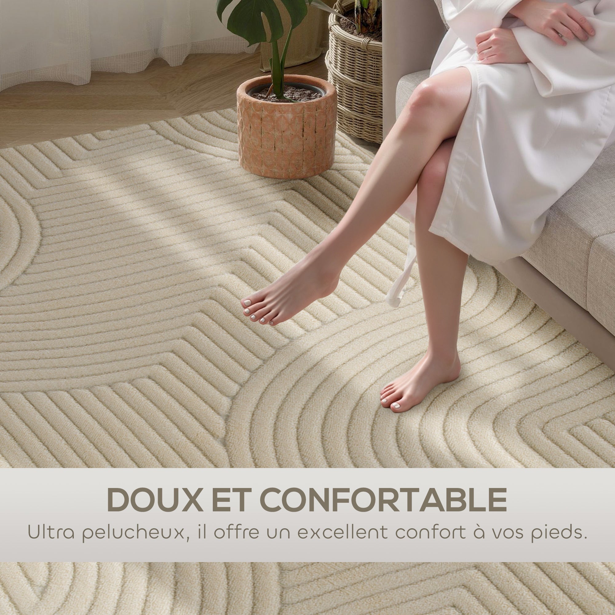 Tapis salon 160 x 120 cm, tapis à poils épais géométrique, moelleux et antidérapant, style moderne, pour salon, chambre à coucher, bureau, crème