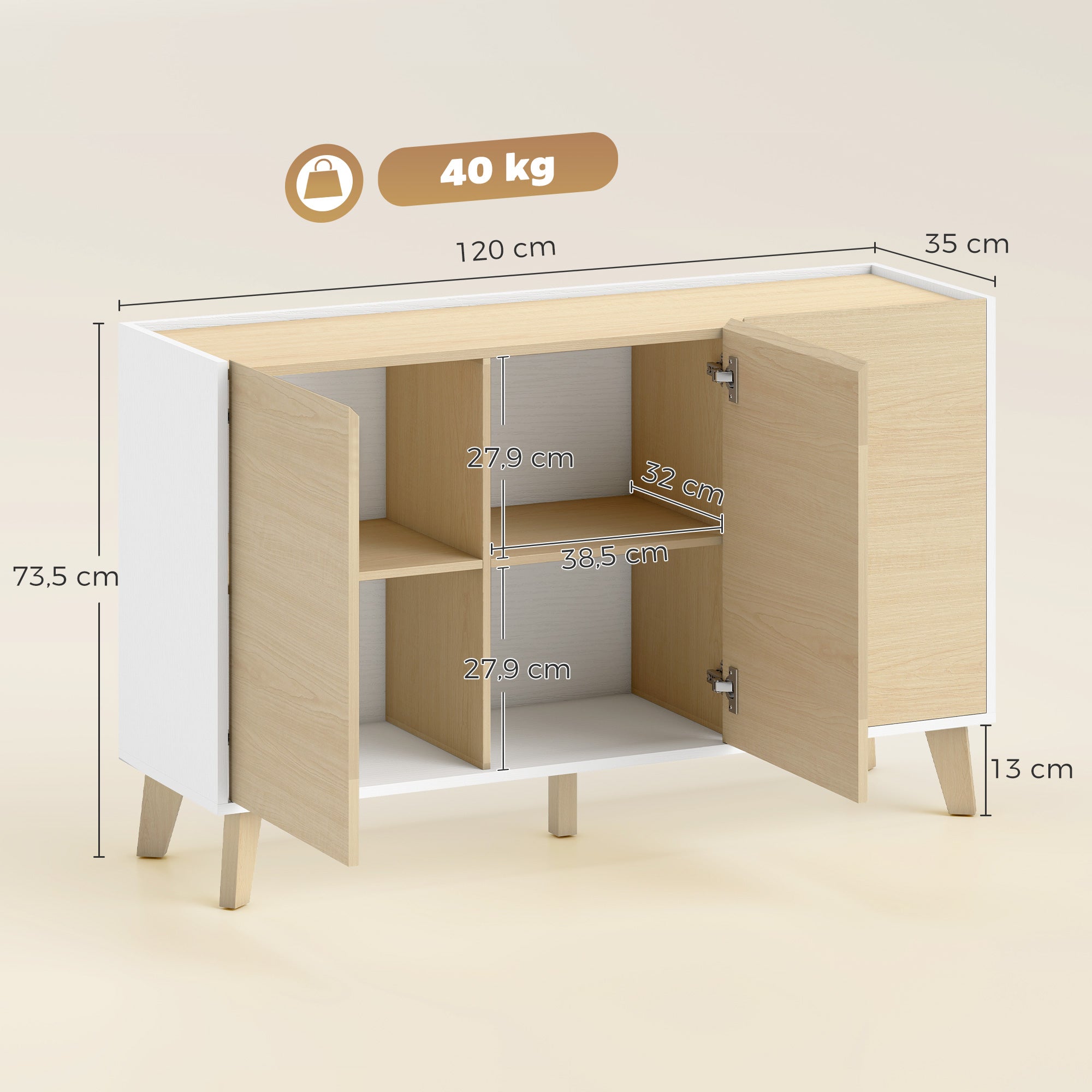 Buffet Cuisine, Meuble de Rangement Nordique, 3 Portes à Fermeture Douce, 6 Compartiments, Meuble TV pour Téléviseurs 50 Pouces, pour Salon et Chambre, 120x35x73,5cm, Bois Naturel et Blanc