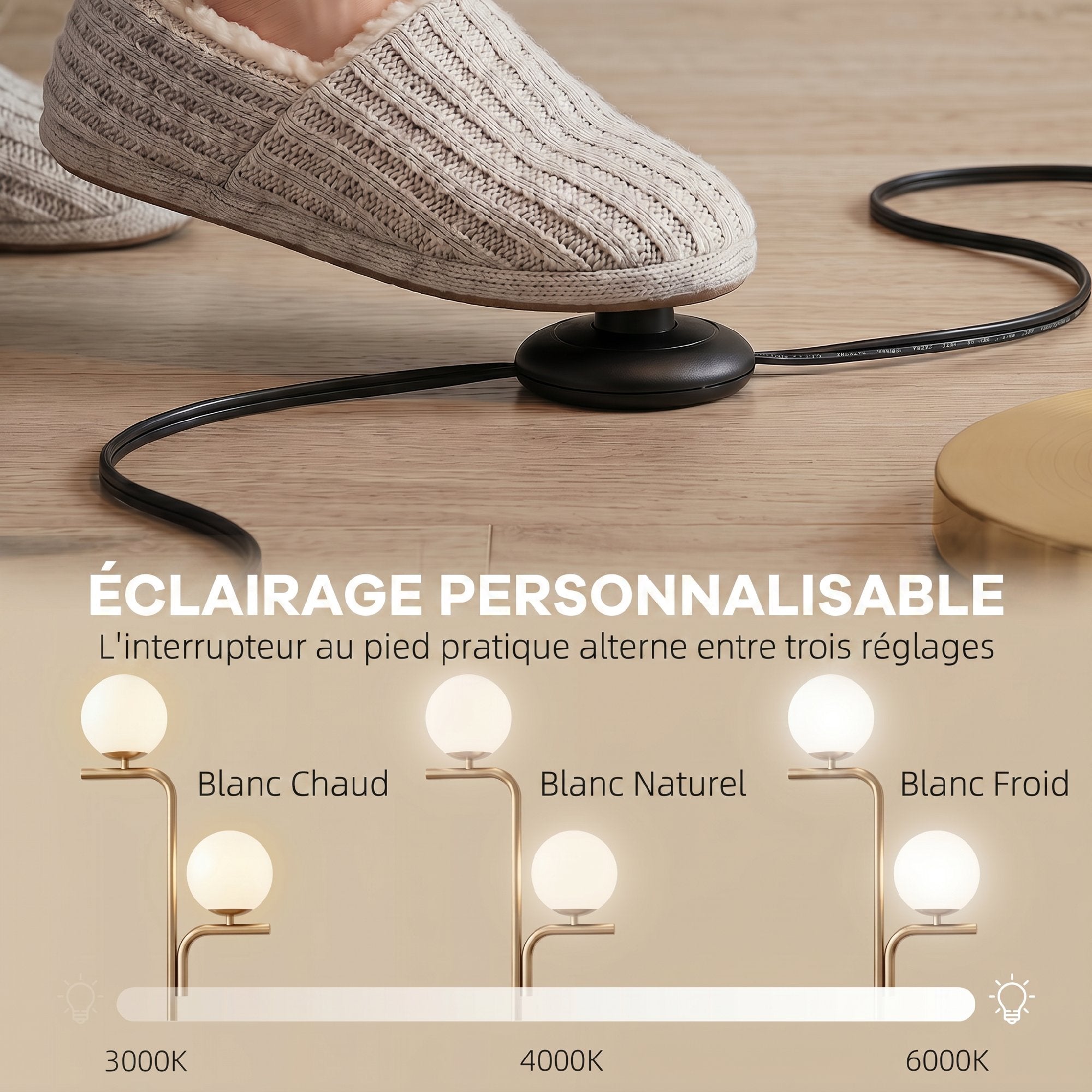Lampadaire sur Pied Salon à Double Tête, Lampe sur Pied Moderne avec Abat-Jour en Verre Sphérique, 3 Températures de Couleur, Douille E27, Interrupteur au Pied, pour Chambre, Bureau, Doré